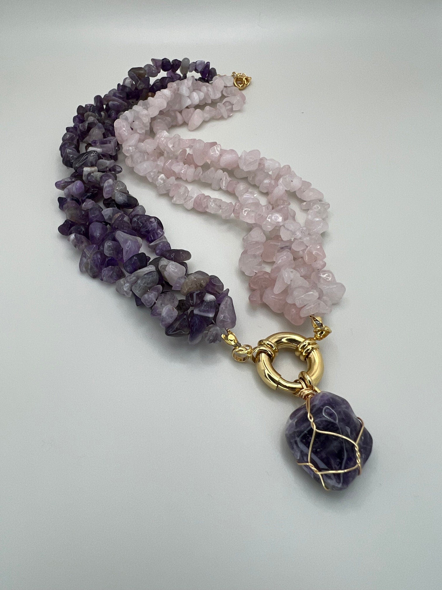 Women Jewelry , Handmade Gemstone Necklace , Amethyst and Rose Quartz Stones , Multi-strand Necklace ,Unique Birthday Gift , Christmas Gift