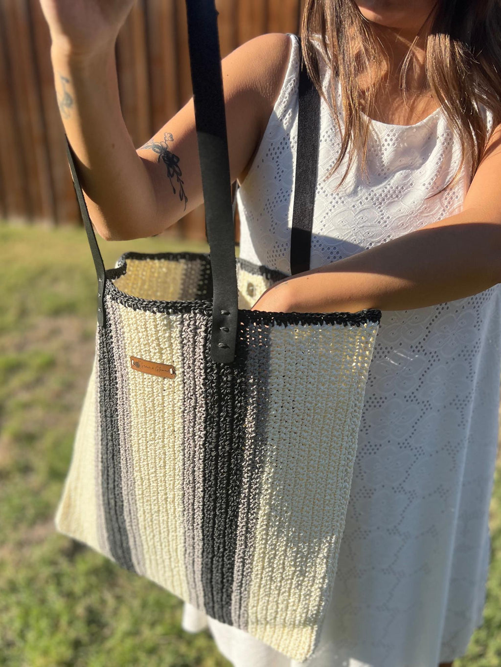 Black and Cream Striped Bag,Handmade Knitted Raffia Bag, Large Tote Bag,Leather Handle Bag, Shoulder Bag,Natural Straw bag, Christmas Gift