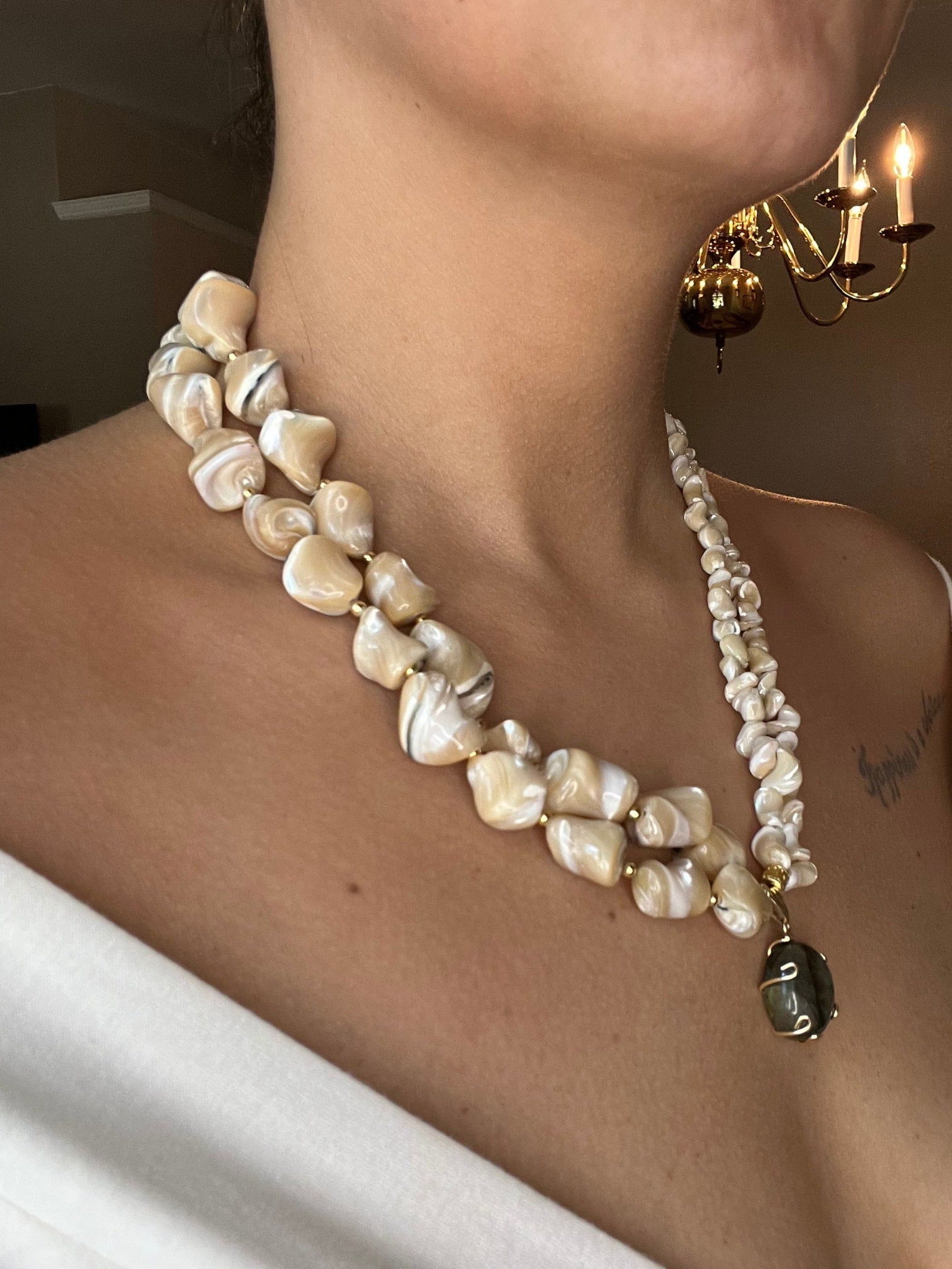 Mother Of Pearl • Unique Jewelry for Women • Handmade Multi-strand Gemstone Necklace • Labradorite Pendant • White Necklace • Christmas Gift