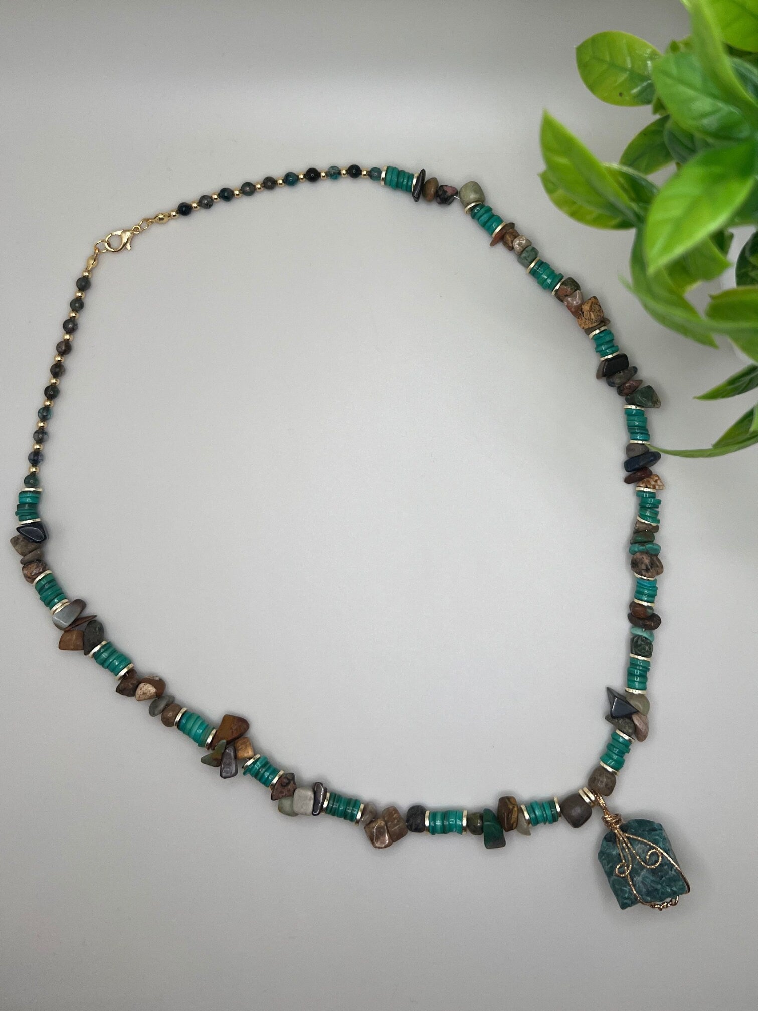 Handcrafted Gemstone Necklace • Women Jewelry • Elegant Handmade Rhodonite • Mother of Pearl • Amazonite Pendant •   Gift for Her