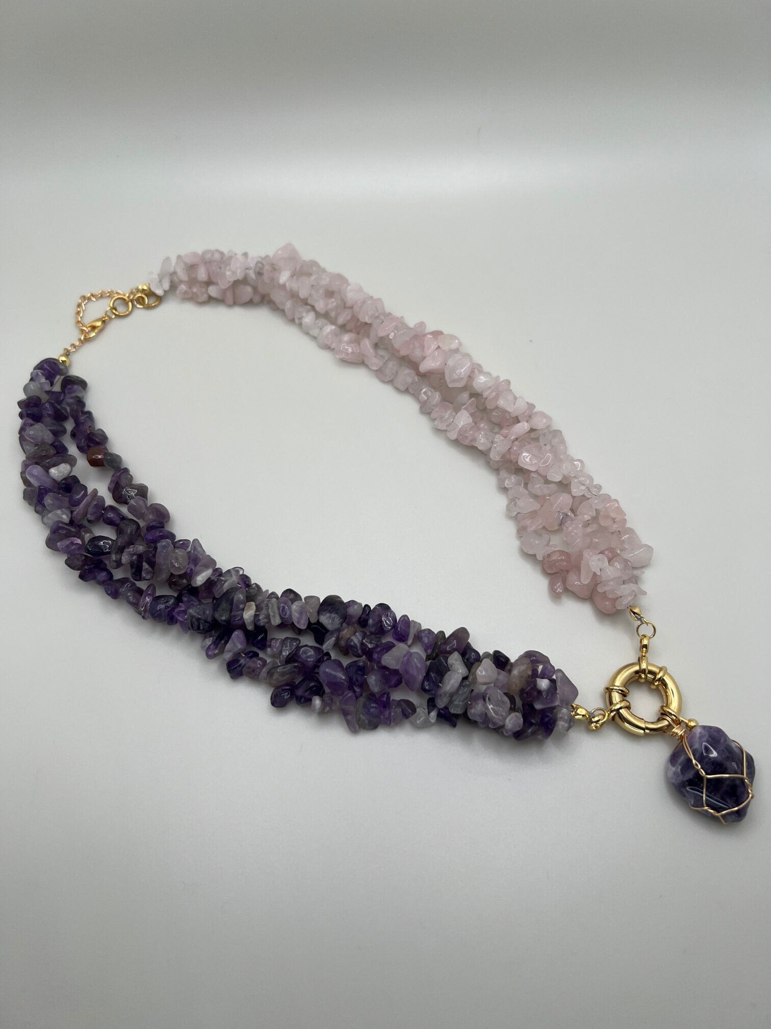 Women Jewelry , Handmade Gemstone Necklace , Amethyst and Rose Quartz Stones , Multi-strand Necklace ,Unique Birthday Gift , Christmas Gift