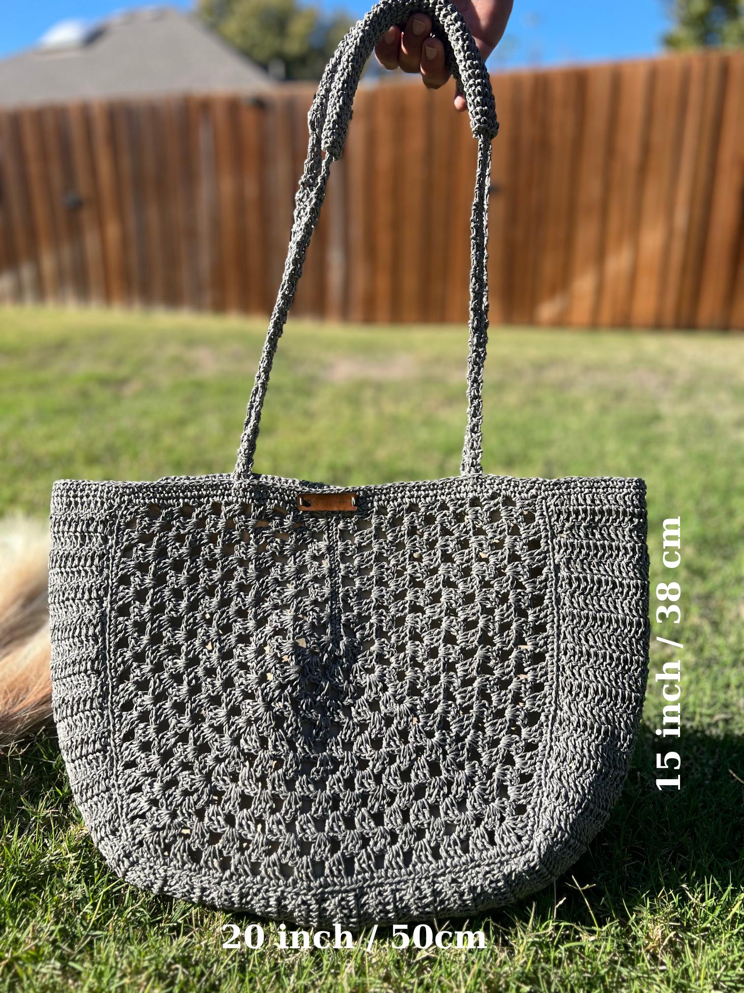 Gray Handmade Knitted Raffia Bag with inter-lining , Large Tote Bag , Charity, Artisan Made handbag, Natural Straw bag, Christmas Gift