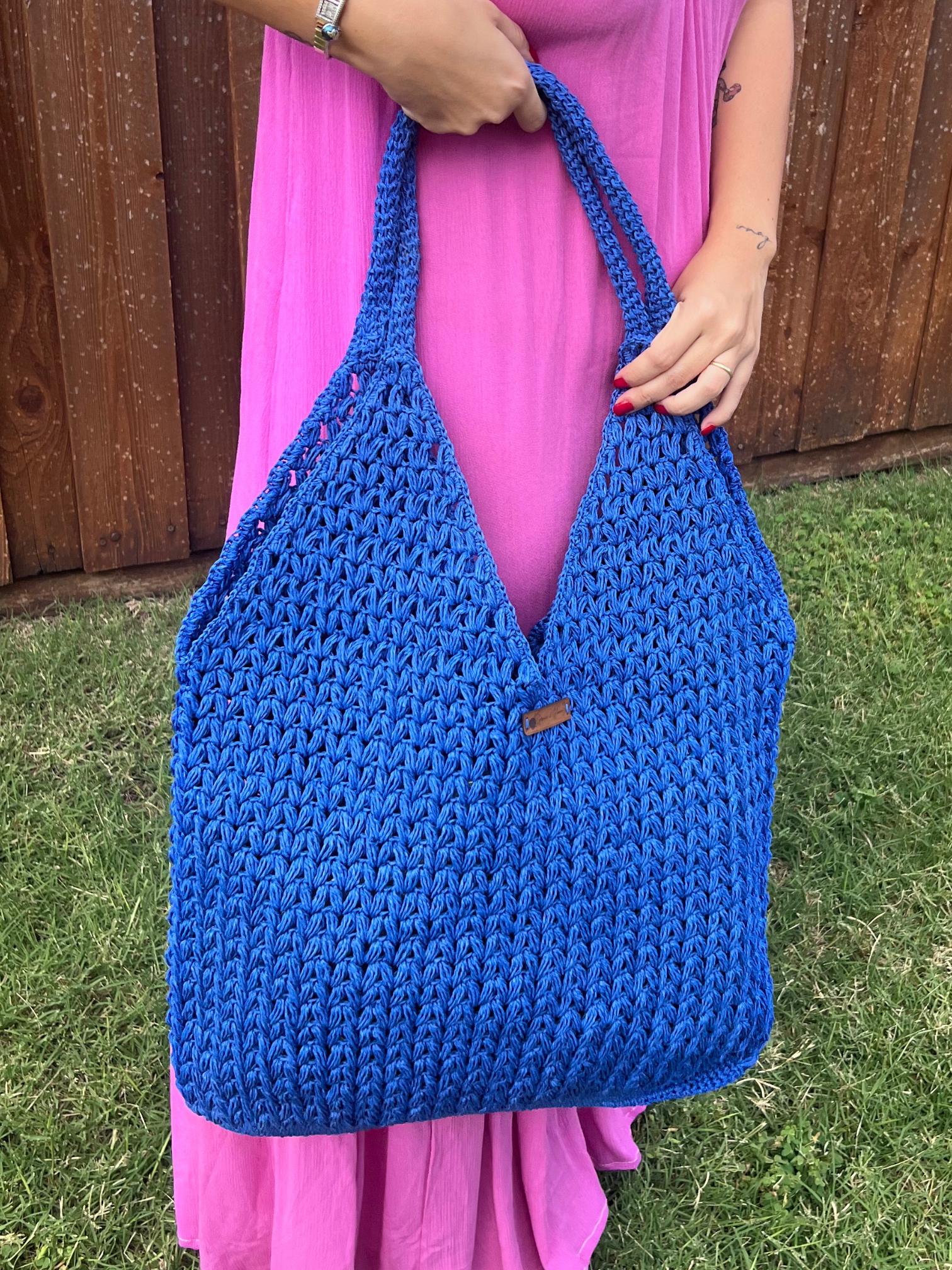 Blue Handmade Knitted Raffia Bag Large Tote Bag Women bag Artisan Made handbag Natural Straw bag Birthday Gift Daily Use women bag