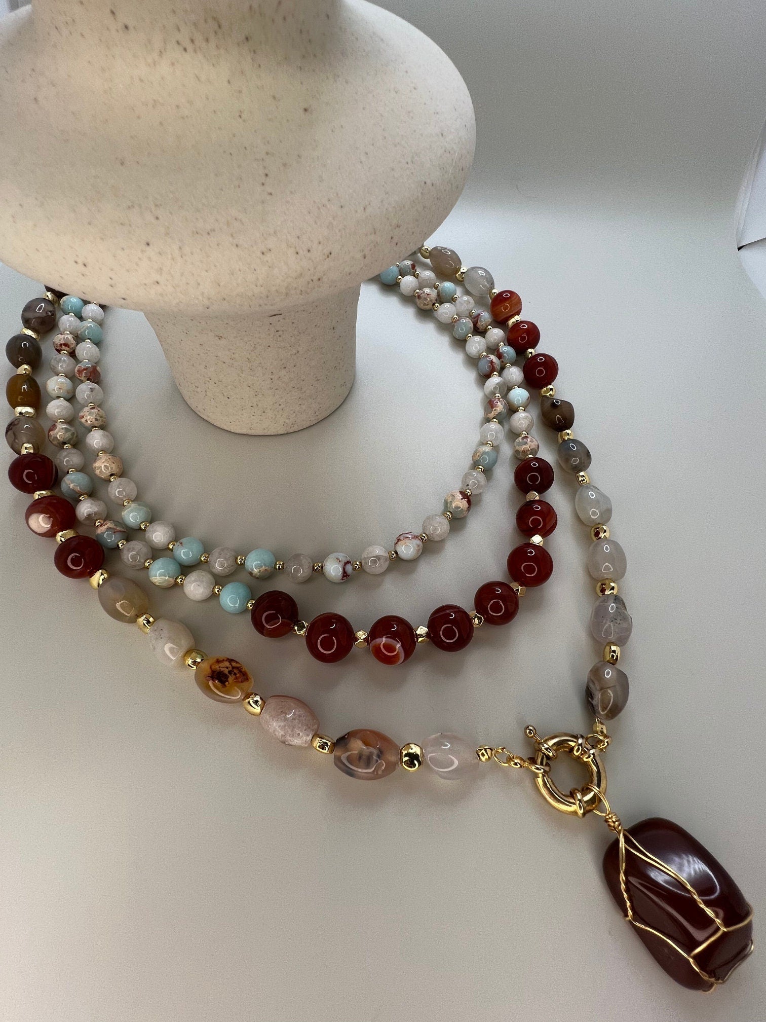 Multi-Strand Necklace Handcrafted Gemstone Necklace Unique Agate Showcat Variscite Red Pendant Unique Birthday Gift for Her ,Christmas Gift