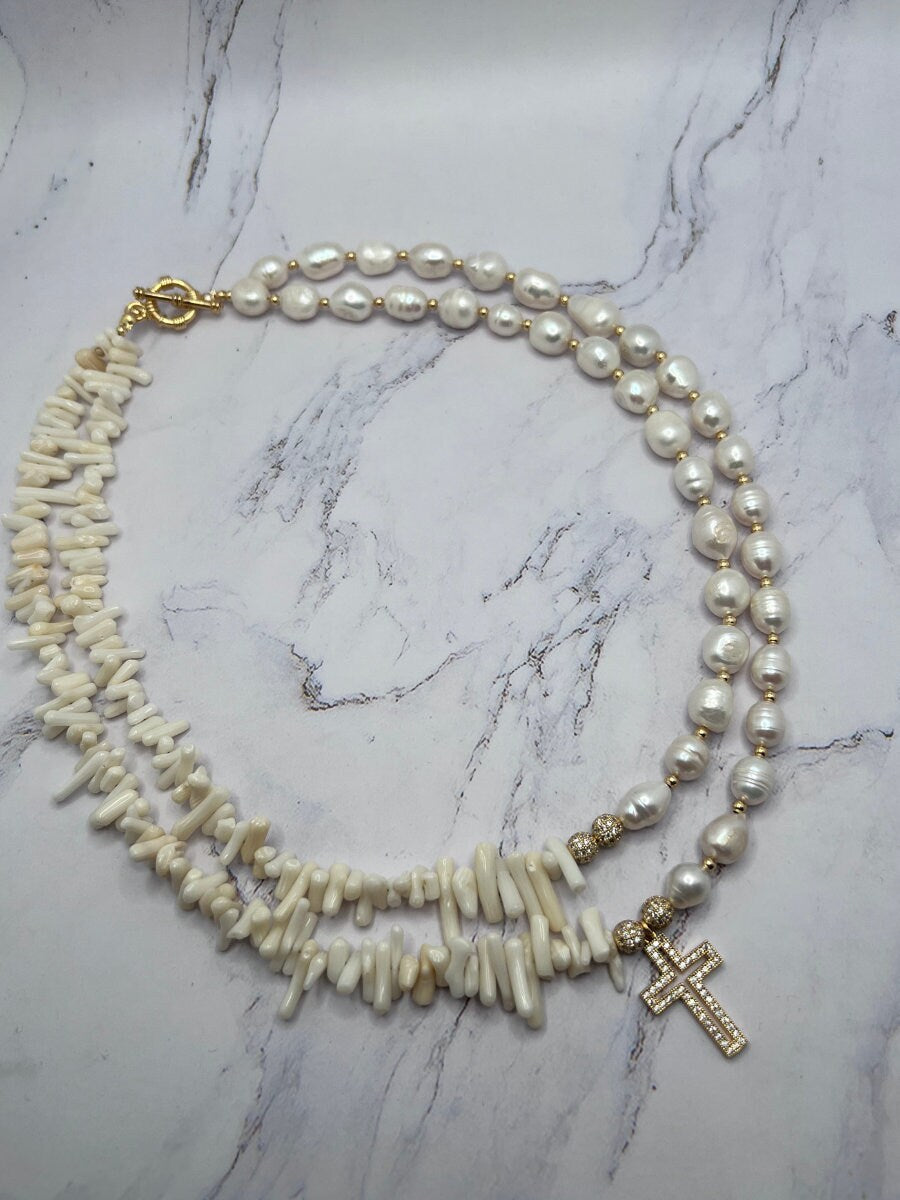 Pearl Necklace Multi Strand , Handmade Natural Stone Necklace , Cross Charm , White Gold Necklace , Unique Birthday Gift , Christmas Gift