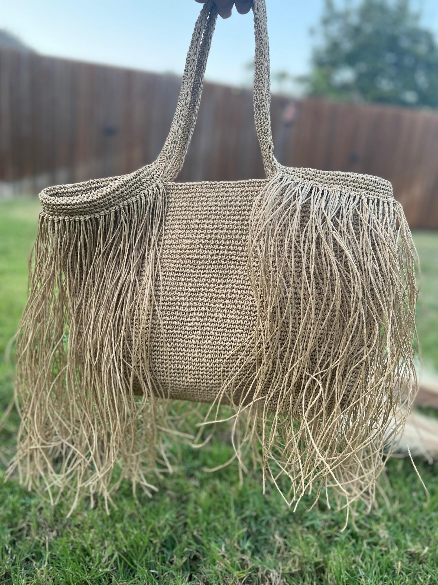 Handmade Light Brown Fringed Straw Bag | Boho Jute Tote | Large Summer Beach Bag | 17x12 inch Eco-Friendly Bag