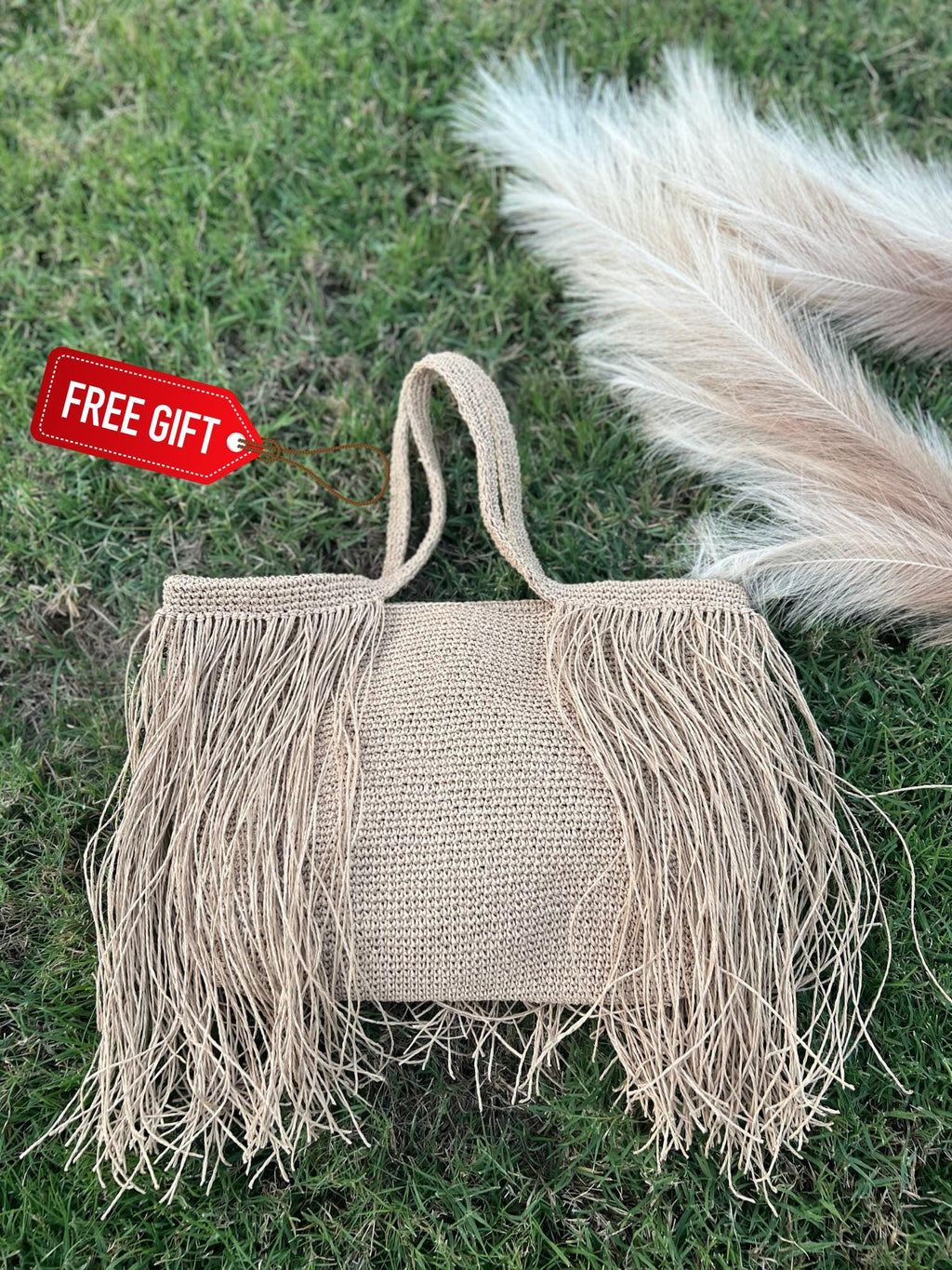 Handmade Light Brown Fringed Straw Bag | Boho Jute Tote | Large Summer Beach Bag | 17x12 inch Eco-Friendly Bag