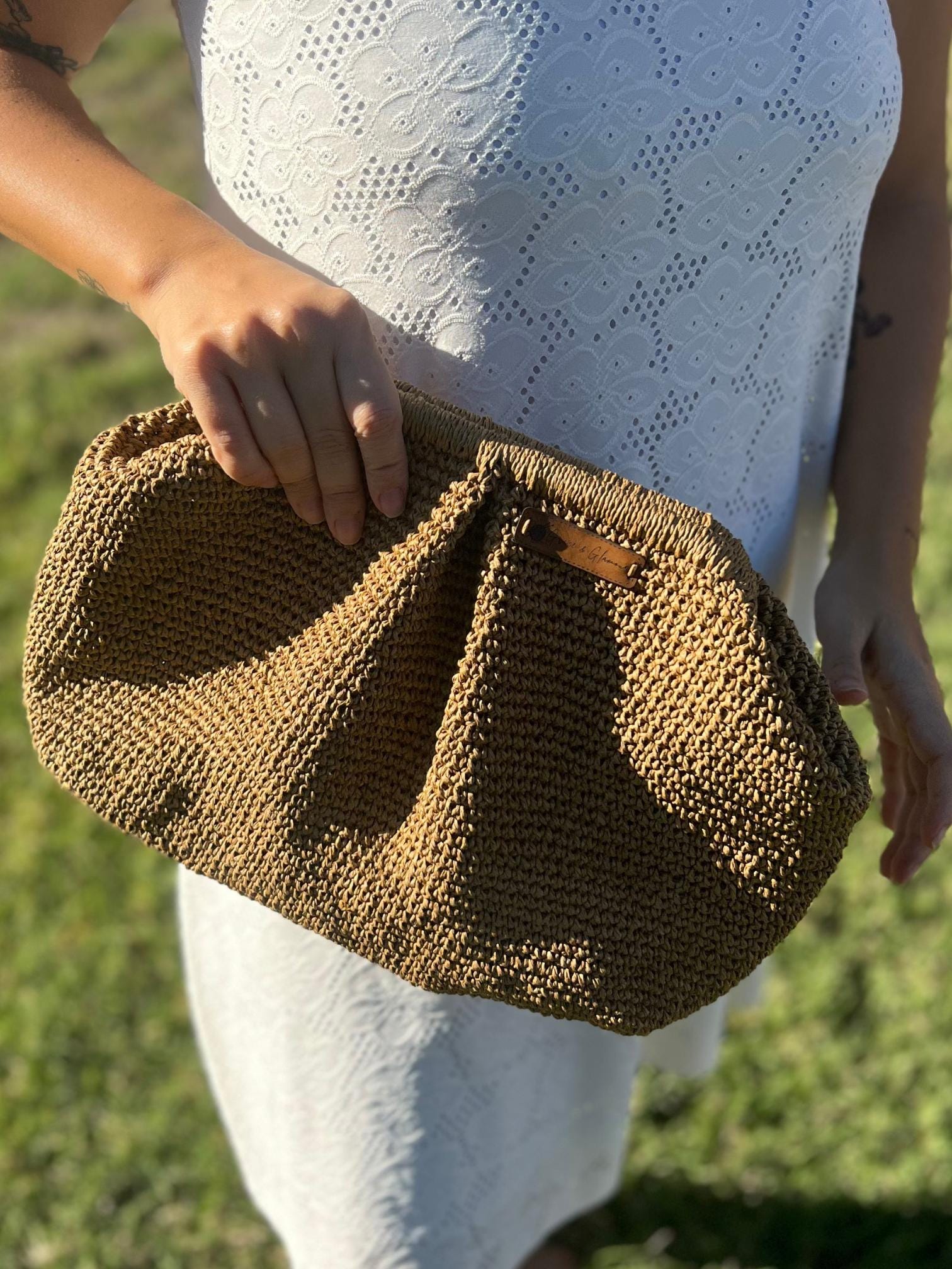 Raffia Pouch Clutch, Handmade Knitted Raffia Bag, Clutch, Charity, bag, Artisan Made handbag, Natural Straw bag, Wicker Bridal Clutch Bag,
