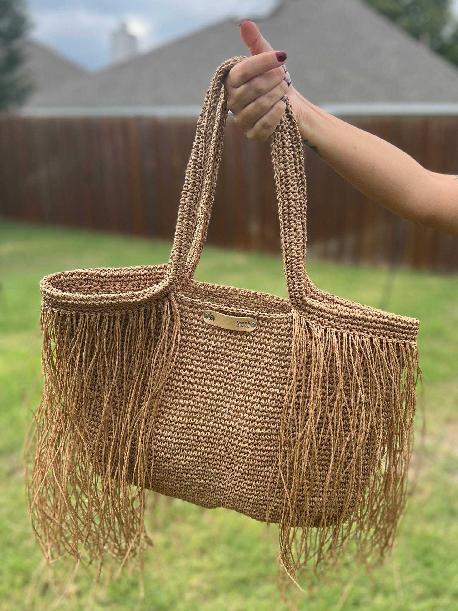 Free Shipping, Knitted Raffia Bag , Shoulder Bag , Women Bag , Fringe Bag , Summer Bag , Straw Bag, Boho Style , Hand Knitted , Gift for Her