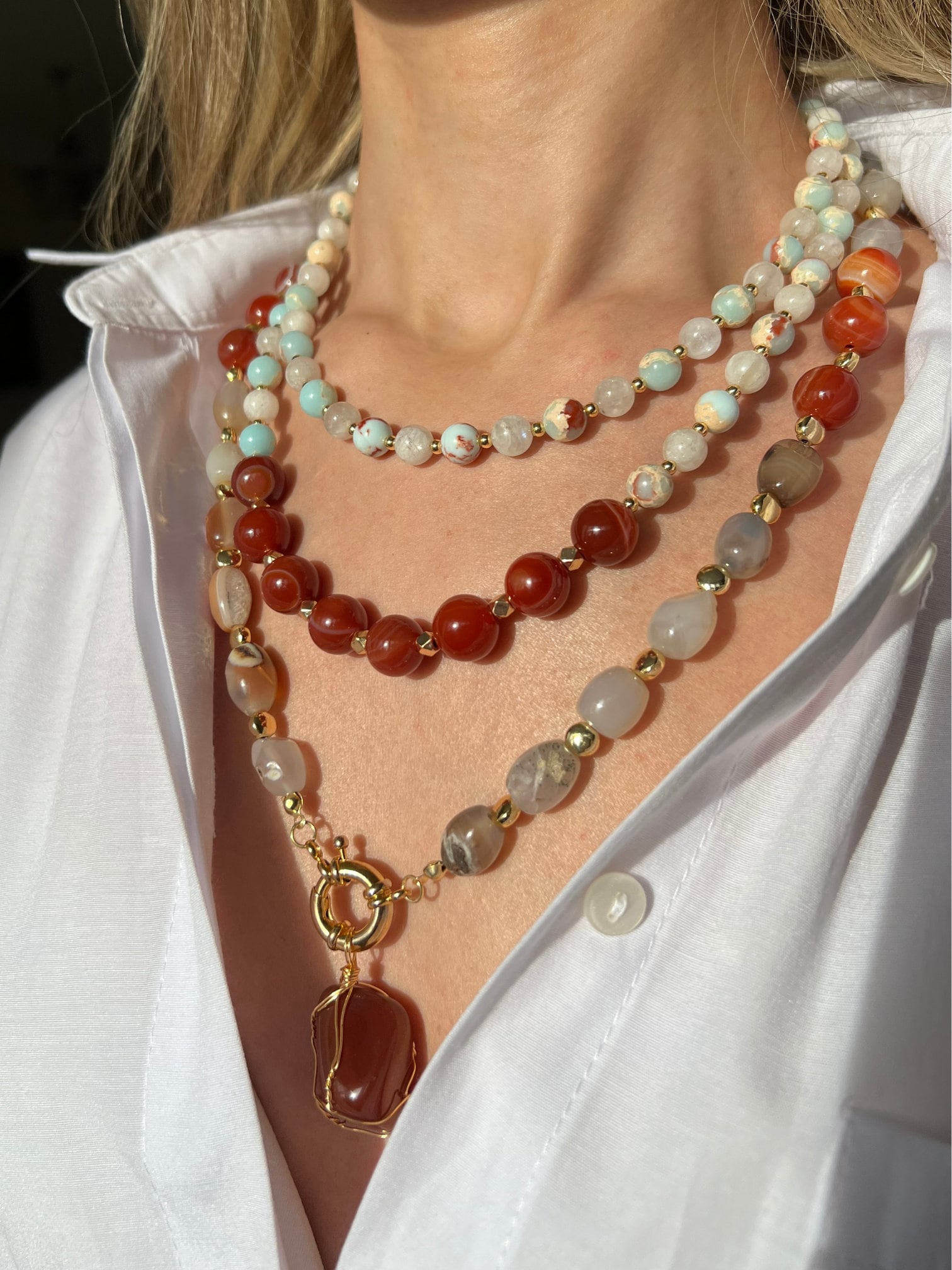 Multi-Strand Necklace Handcrafted Gemstone Necklace Unique Agate Showcat Variscite Red Pendant Unique Birthday Gift for Her ,Christmas Gift