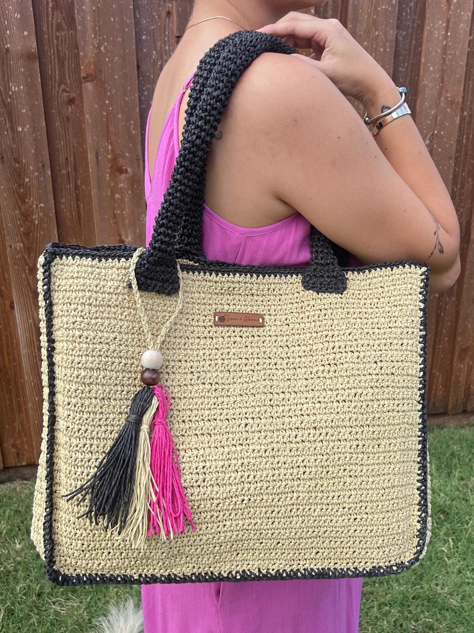 Natural Black Handmade Knitted Raffia Bag Black Straw Bag Large Tote Bag Women bag, Artisan Made handbag, Natural Straw bag, Birthday Gift
