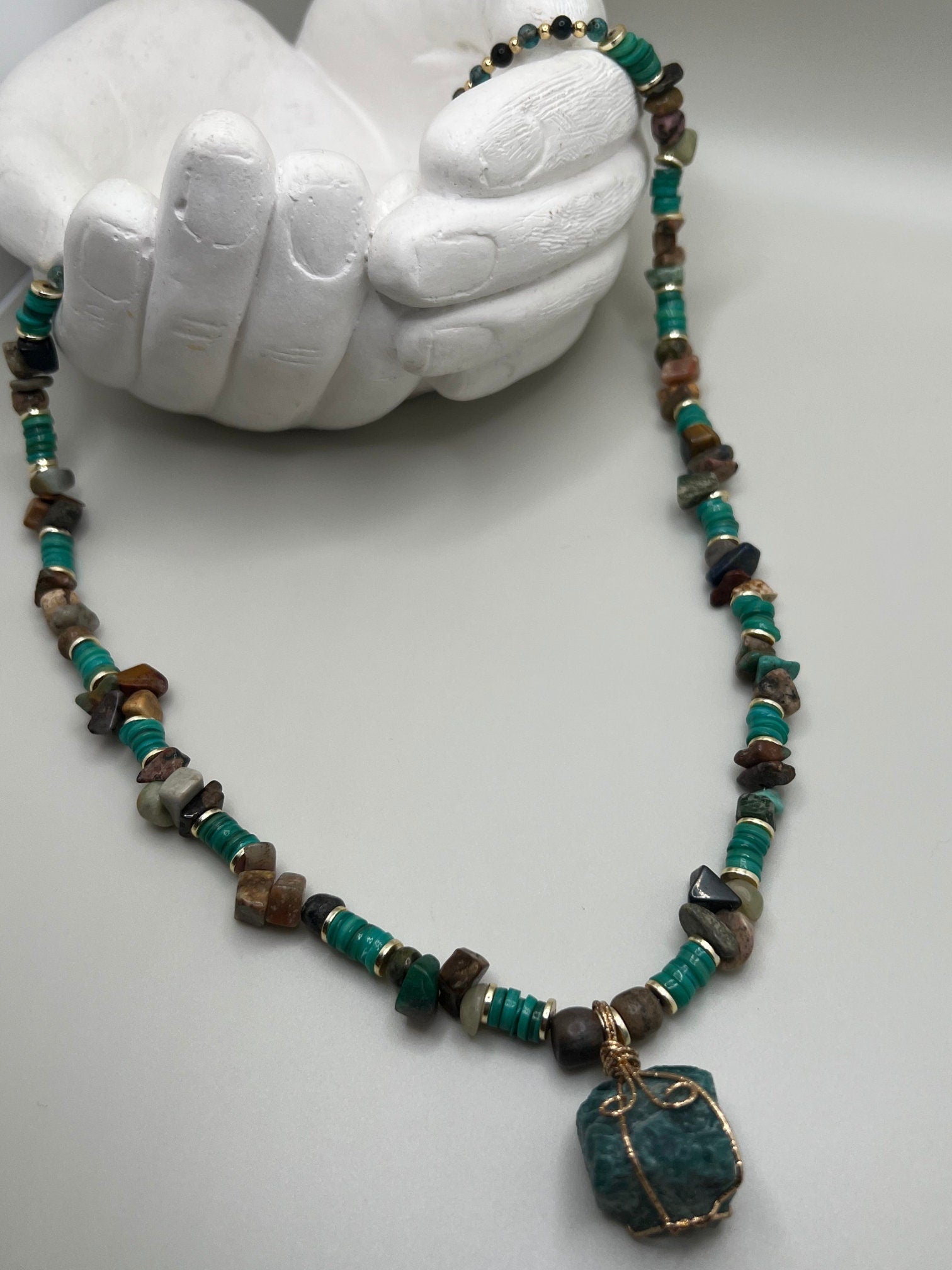 Handcrafted Gemstone Necklace • Women Jewelry • Elegant Handmade Rhodonite • Mother of Pearl • Amazonite Pendant •   Gift for Her