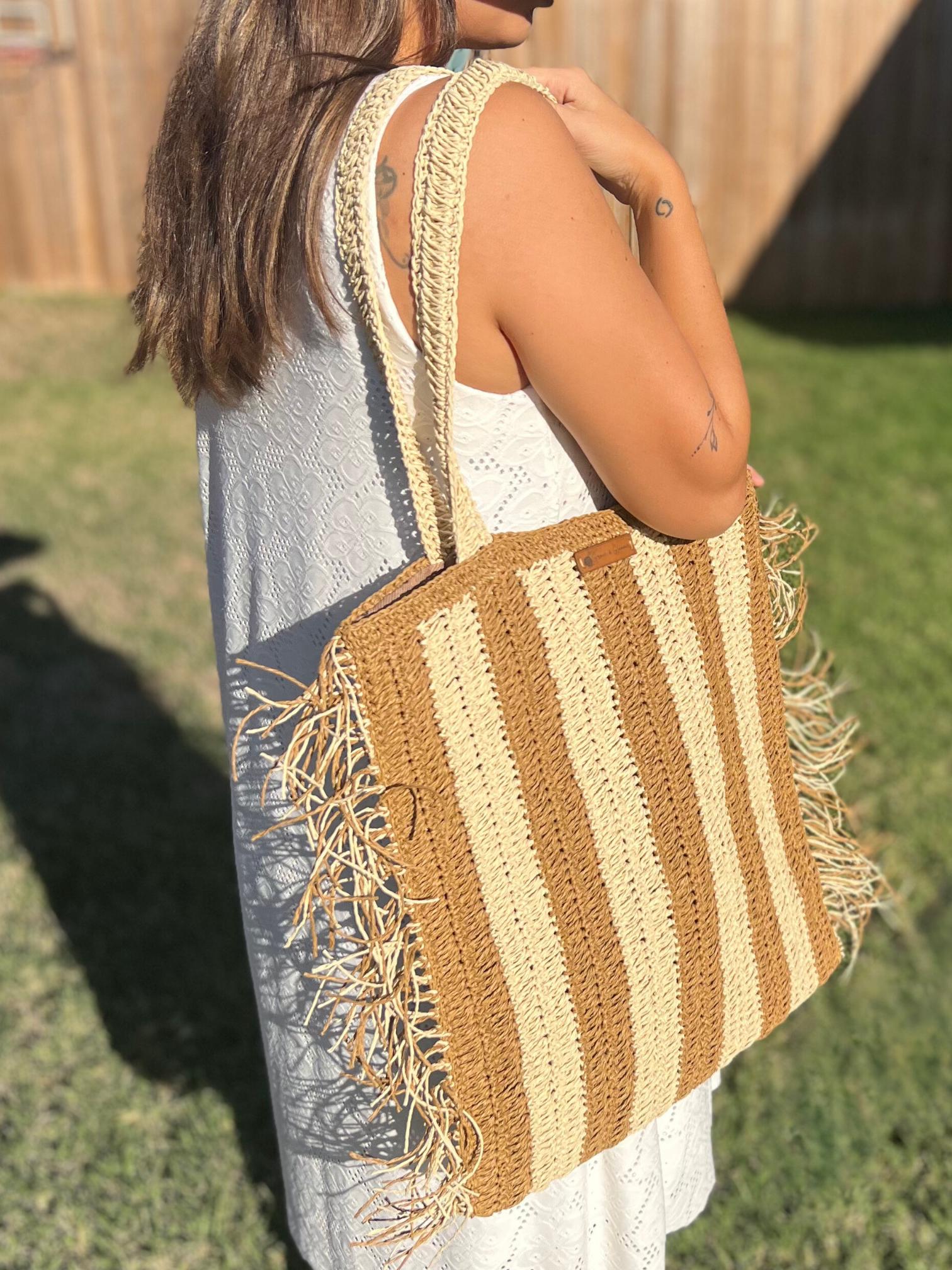 Brown and Cream Handmade Knitted Raffia Bag with inter-lining , Large Tote Bag , Women bag,Shoulder Bag, Natural Straw bag, Christmas Gift
