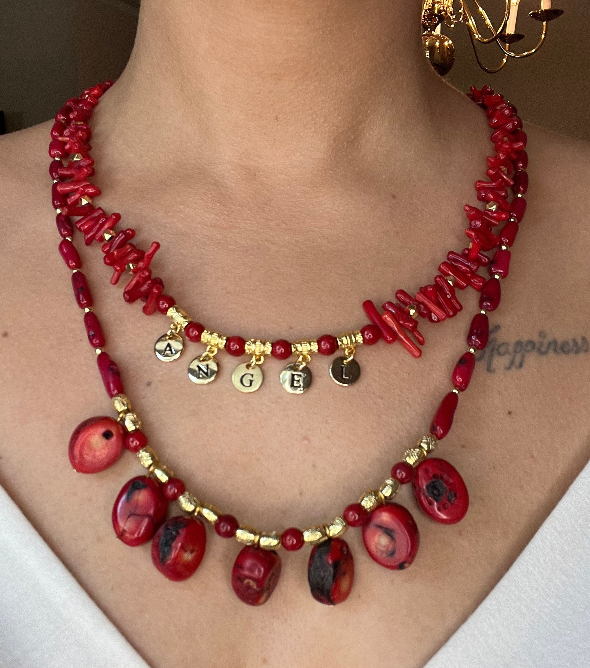 CORAL Women Jewelry Handmade Gemstone Multi-strand Necklace Customizable Name Special Unique Gift