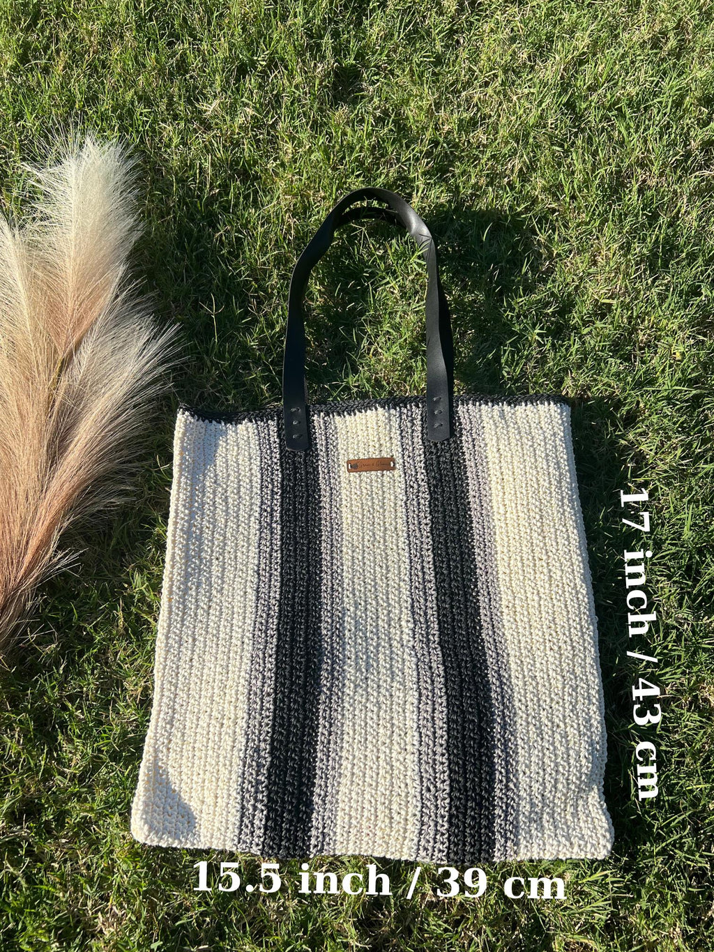 Black and Cream Striped Bag,Handmade Knitted Raffia Bag, Large Tote Bag,Leather Handle Bag, Shoulder Bag,Natural Straw bag, Christmas Gift