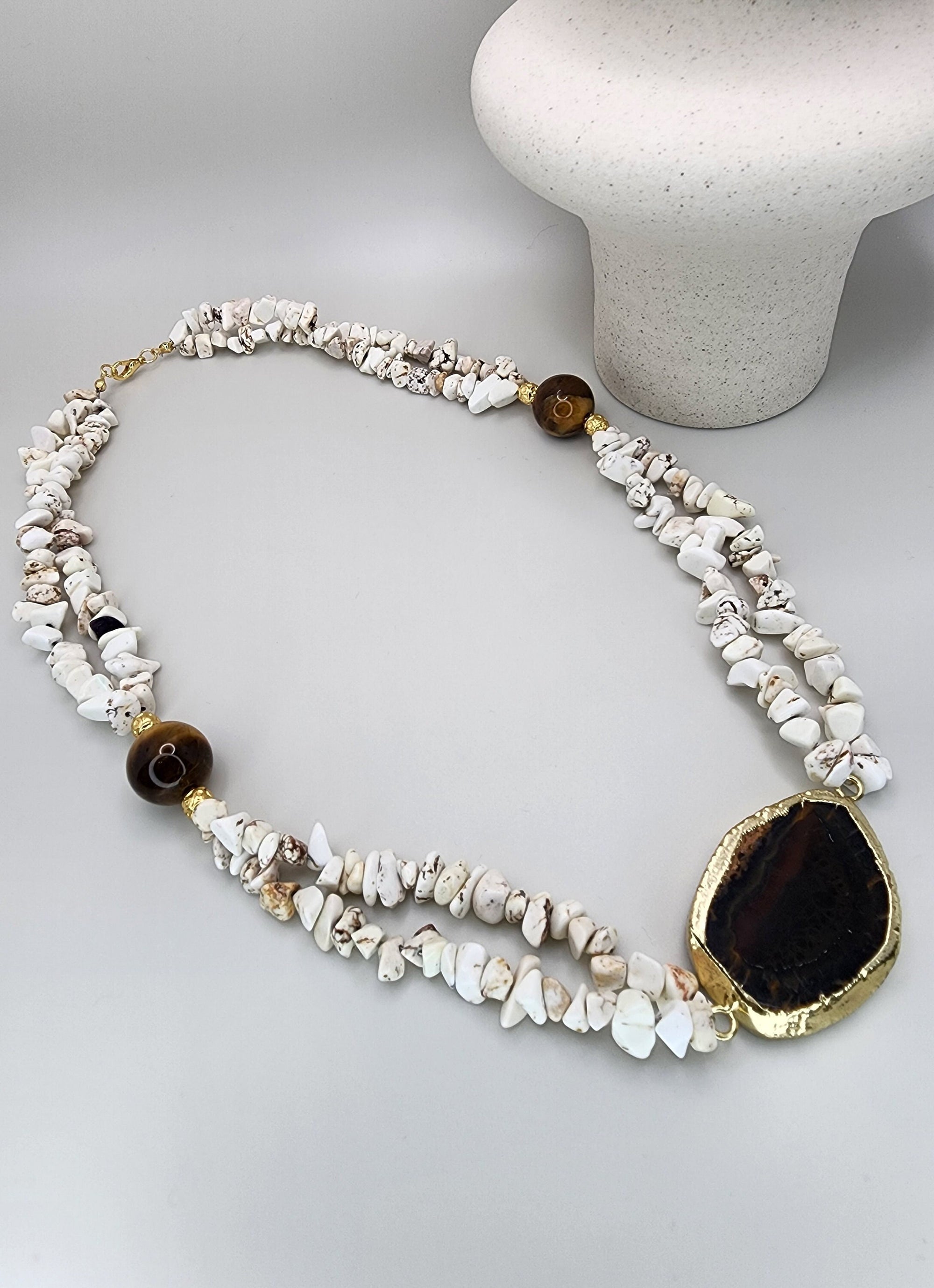 Women Jewelry , Handmade Gemstone Necklace , Multistrand Necklace , Howlite ,  Tigers Eye , Gift for Her , Christmas Gift