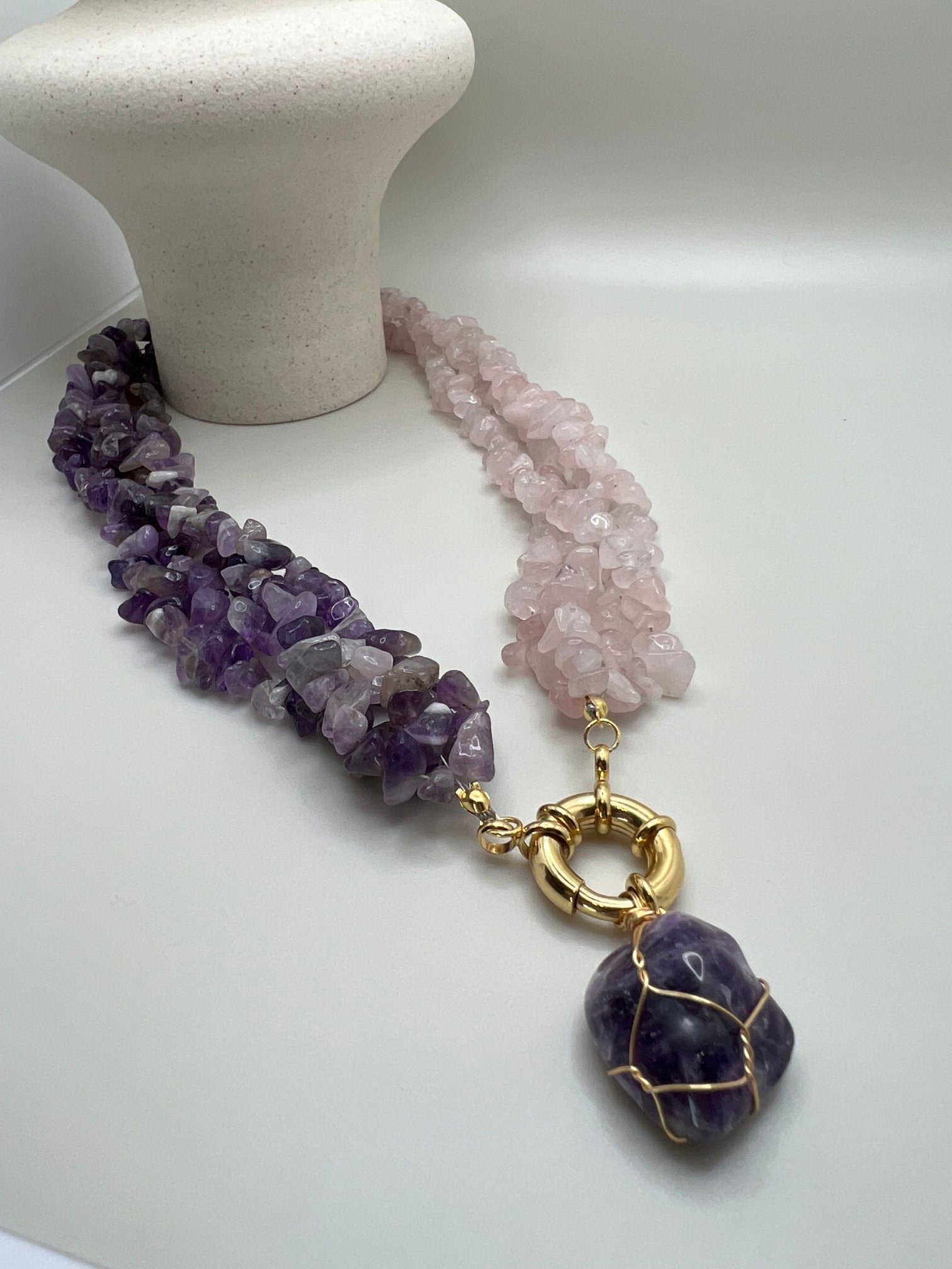 Women Jewelry , Handmade Gemstone Necklace , Amethyst and Rose Quartz Stones , Multi-strand Necklace ,Unique Birthday Gift , Christmas Gift
