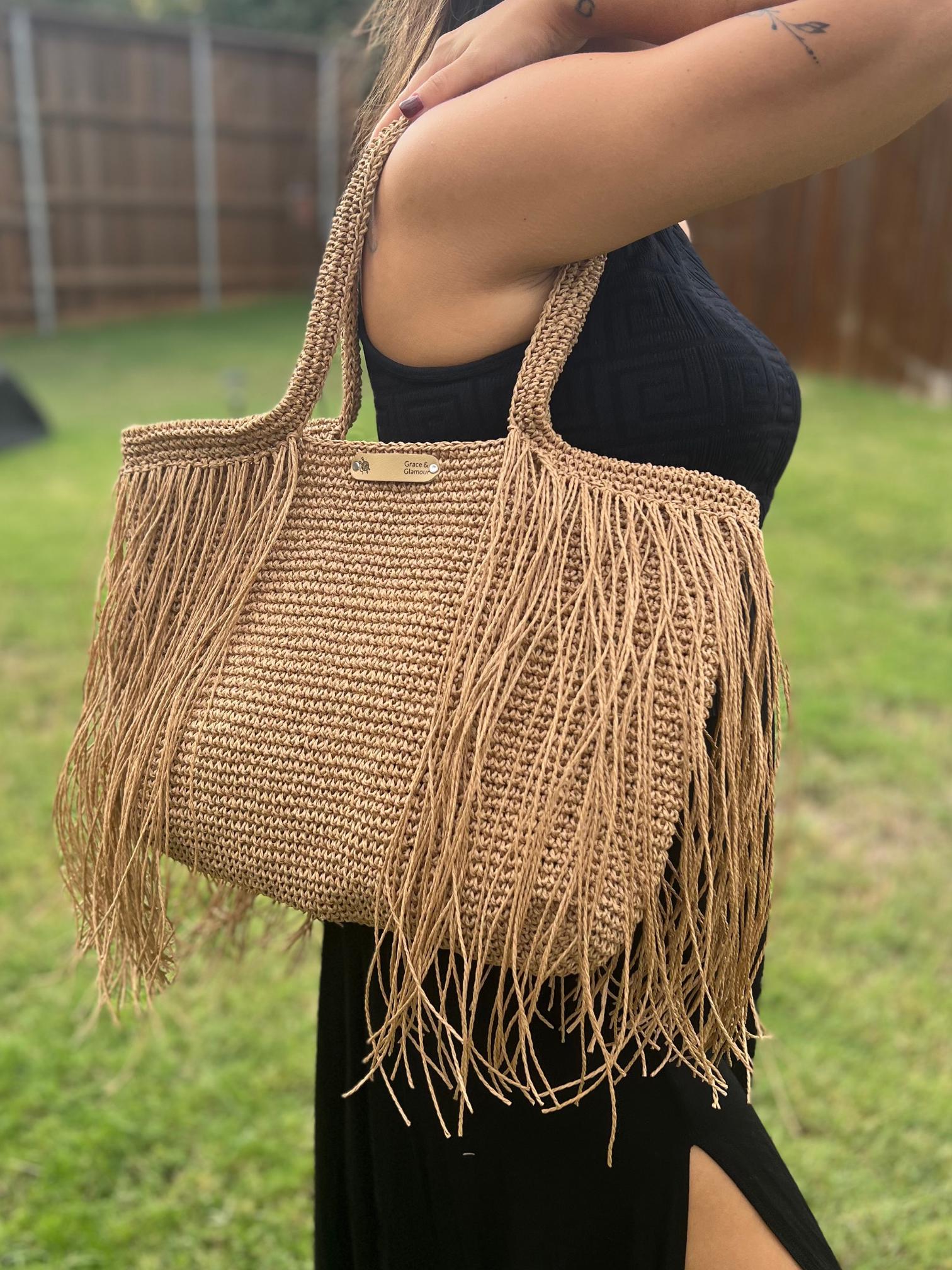 Free Shipping, Knitted Raffia Bag , Shoulder Bag , Women Bag , Fringe Bag , Summer Bag , Straw Bag, Boho Style , Hand Knitted , Gift for Her