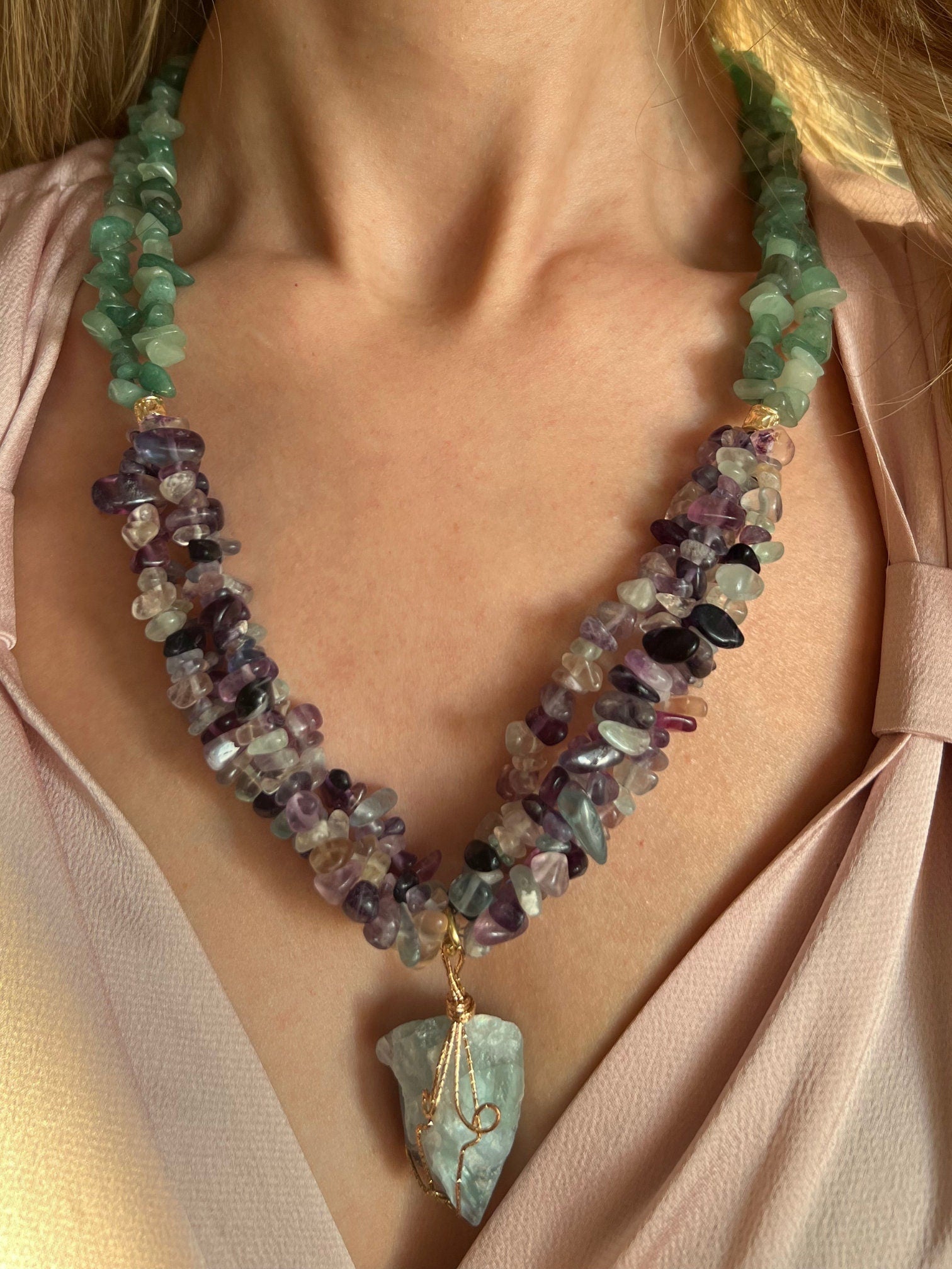 Jewelry for Women Handmade Multi-strand Necklace Fluorite Aventurine Aquamarine Special Gift Christmas Gift