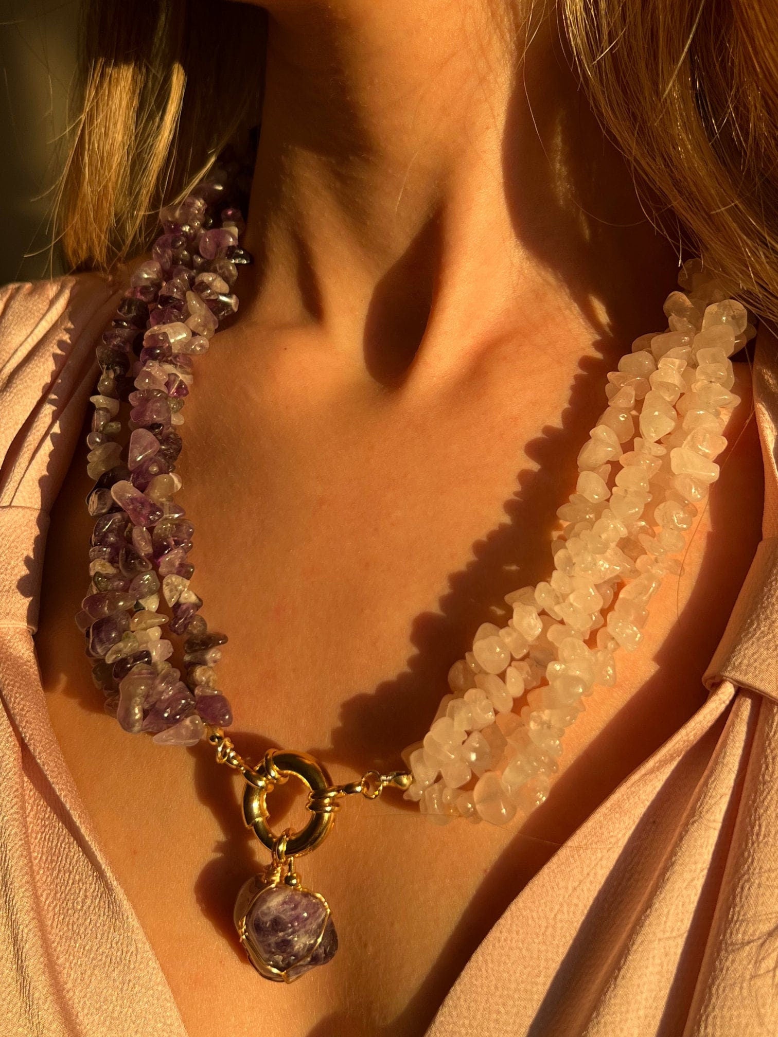 Women Jewelry , Handmade Gemstone Necklace , Amethyst and Rose Quartz Stones , Multi-strand Necklace ,Unique Birthday Gift , Christmas Gift