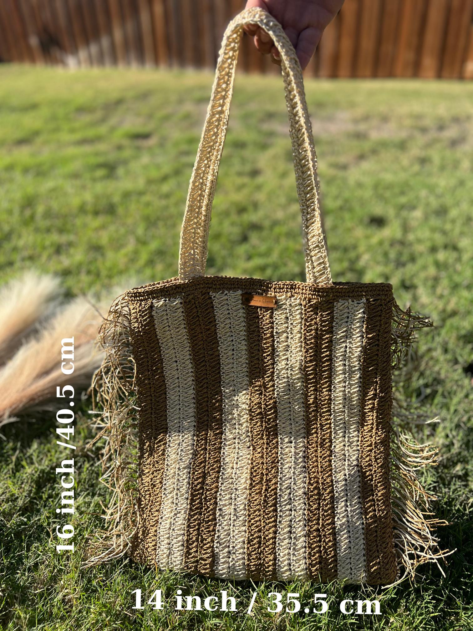 Brown and Cream Handmade Knitted Raffia Bag with inter-lining , Large Tote Bag , Women bag,Shoulder Bag, Natural Straw bag, Christmas Gift