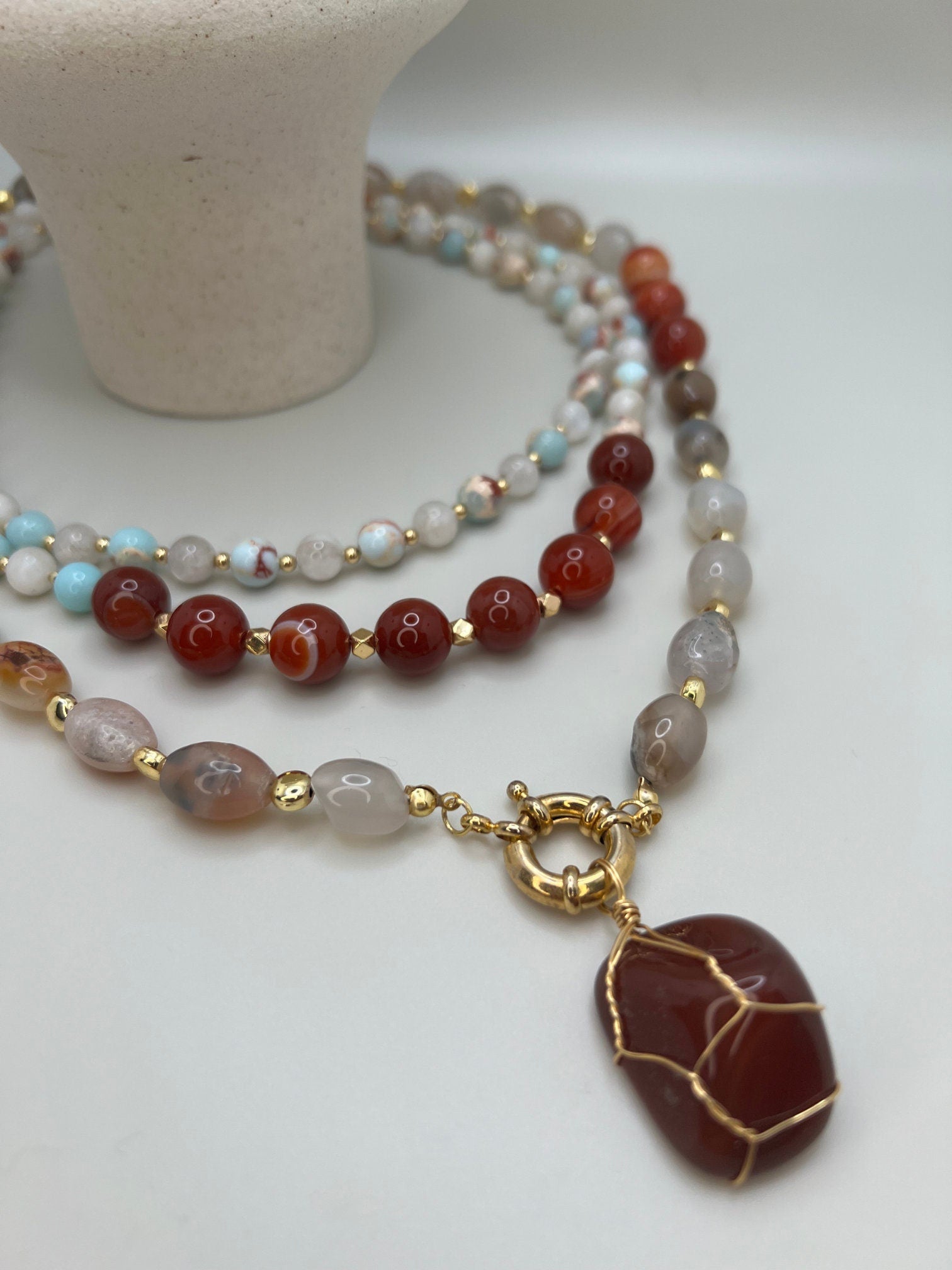 Multi-Strand Necklace Handcrafted Gemstone Necklace Unique Agate Showcat Variscite Red Pendant Unique Birthday Gift for Her ,Christmas Gift