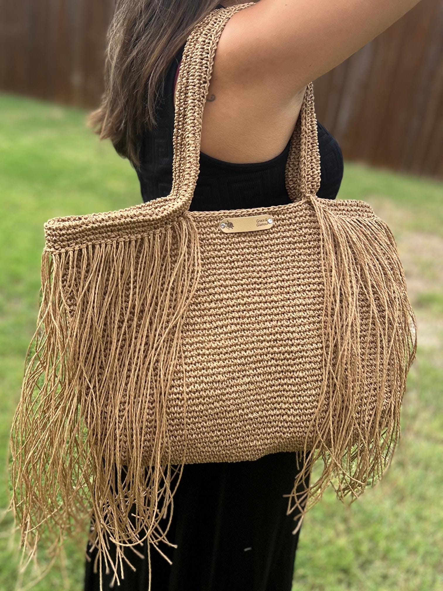 Free Shipping, Knitted Raffia Bag , Shoulder Bag , Women Bag , Fringe Bag , Summer Bag , Straw Bag, Boho Style , Hand Knitted , Gift for Her