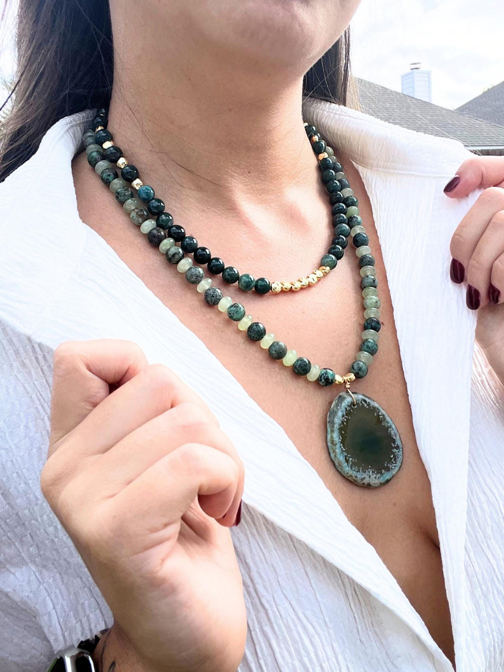 Green Aventurine Necklace with Mossy Agate & Jade – Unique Gemstone Pendant, Handmade Women Necklace,Multi-strand Necklace,Christmas Gift