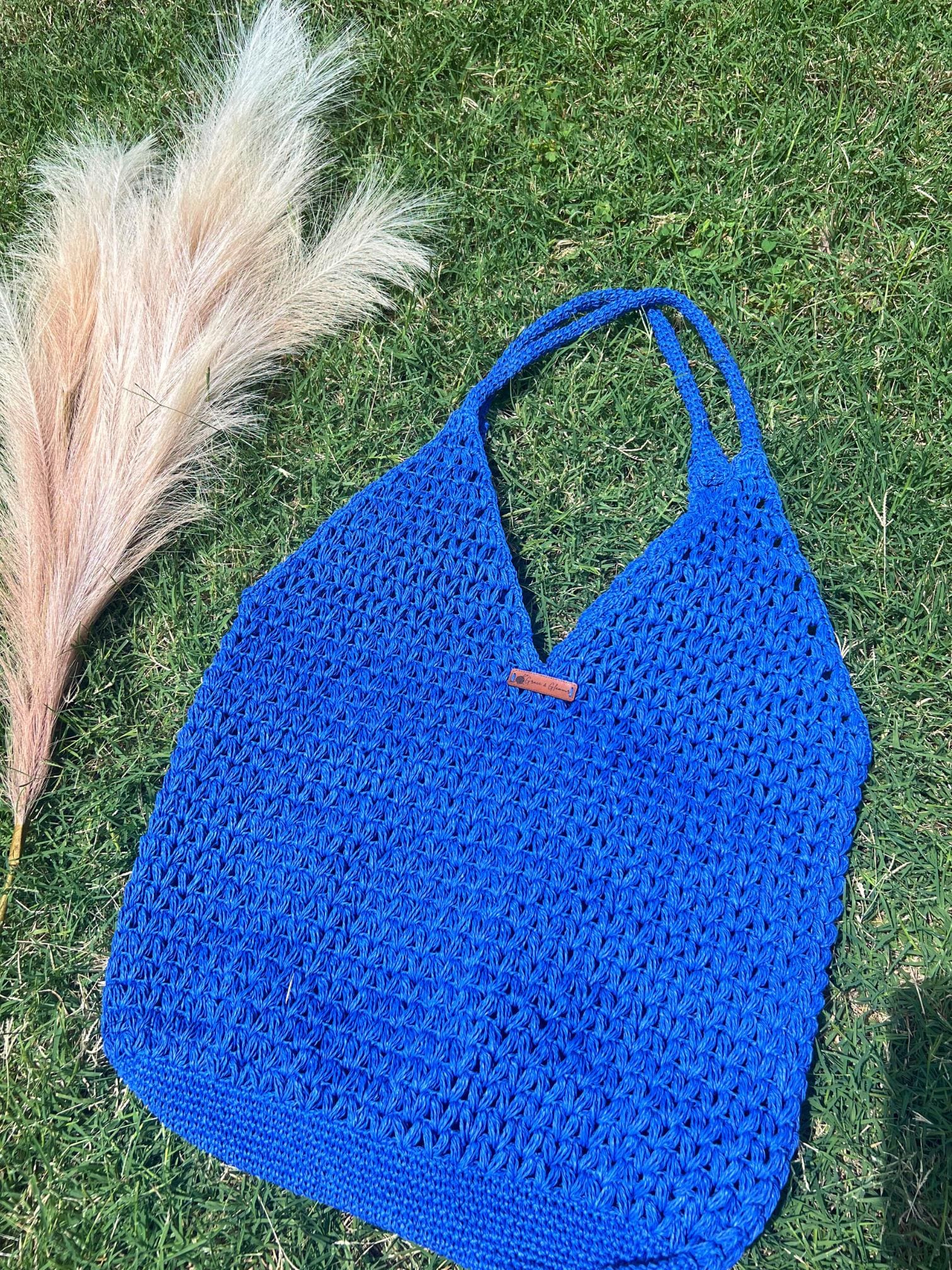 Blue Handmade Knitted Raffia Bag Large Tote Bag Women bag Artisan Made handbag Natural Straw bag Birthday Gift Daily Use women bag