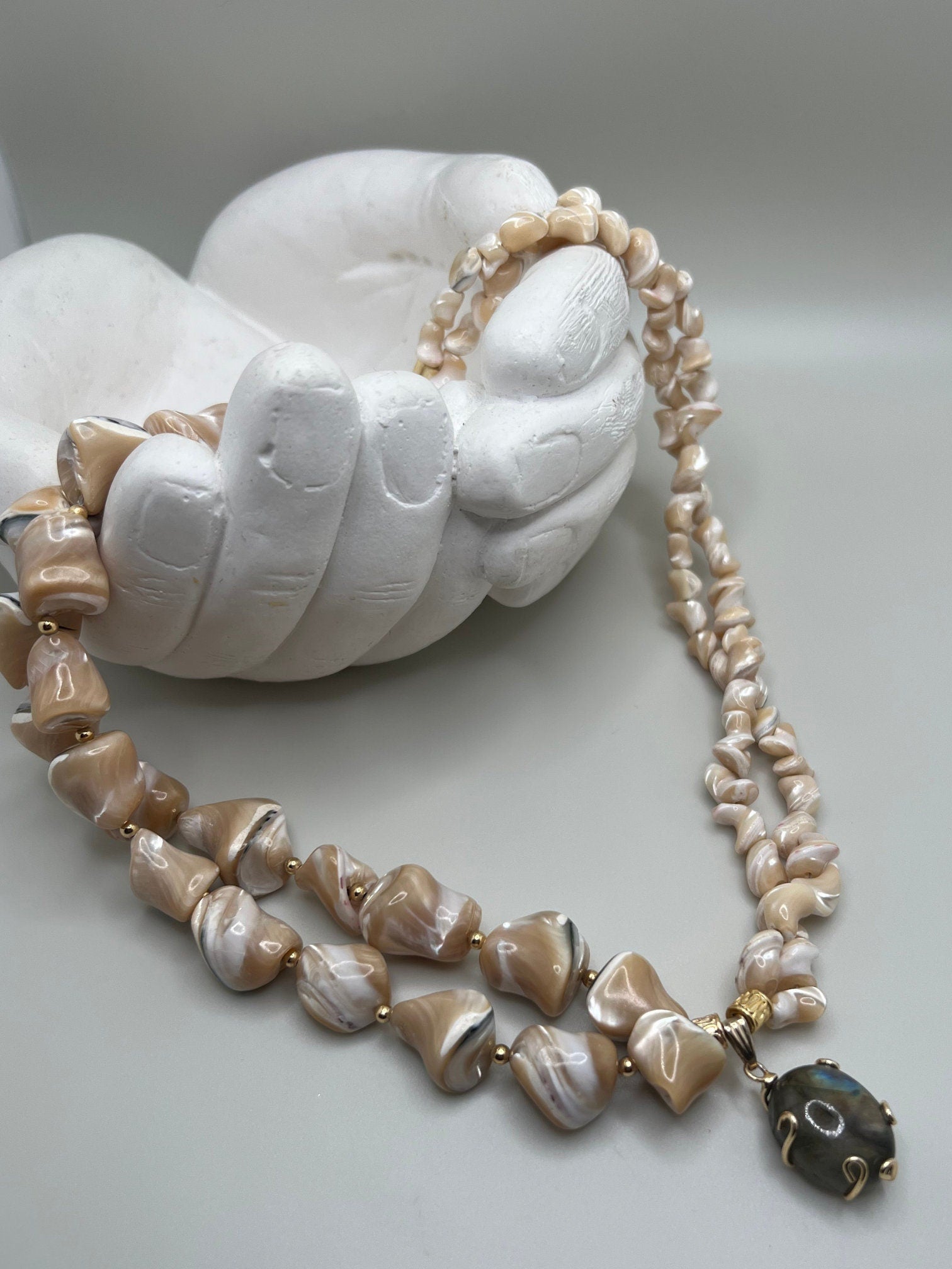 Mother Of Pearl • Unique Jewelry for Women • Handmade Multi-strand Gemstone Necklace • Labradorite Pendant • White Necklace • Christmas Gift
