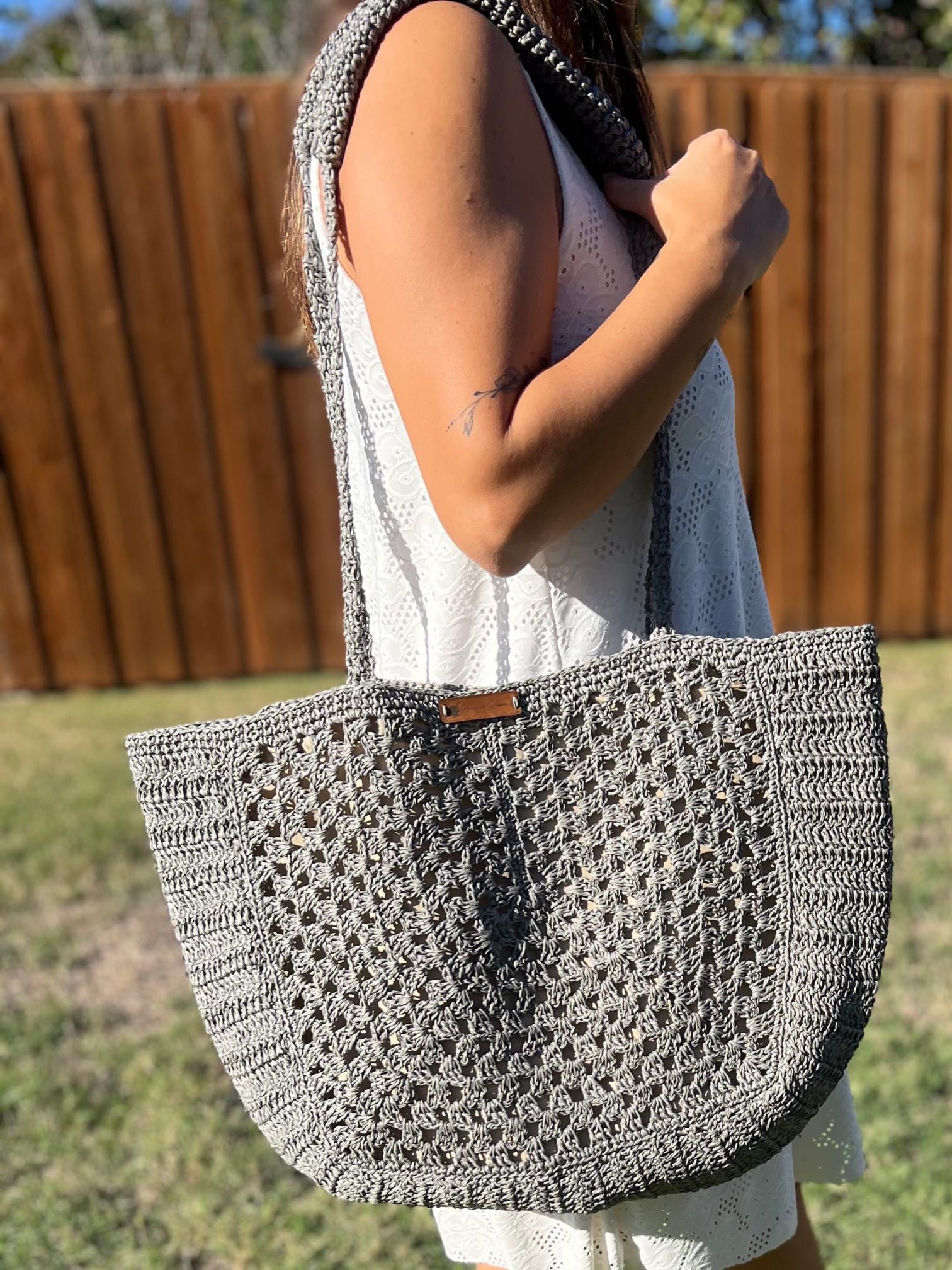 Gray Handmade Knitted Raffia Bag with inter-lining , Large Tote Bag , Charity, Artisan Made handbag, Natural Straw bag, Christmas Gift