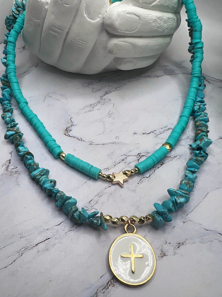 Turquoise Necklace , Women Jewelry , Multi-strand Handmade Necklace , Natural Stone , Cross Charm , Blue Necklace , Unique Christmas Gift