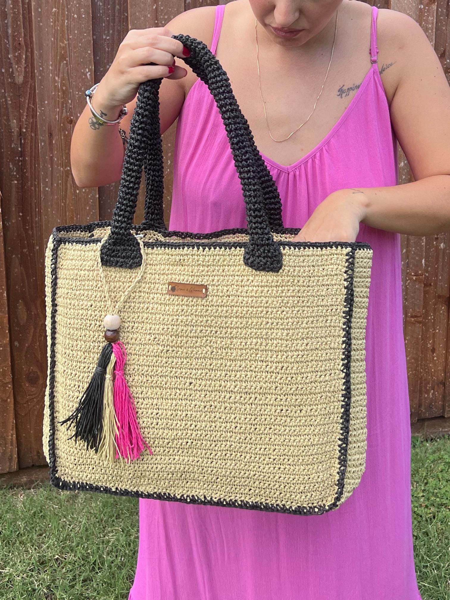 Natural Black Handmade Knitted Raffia Bag Black Straw Bag Large Tote Bag Women bag, Artisan Made handbag, Natural Straw bag, Birthday Gift