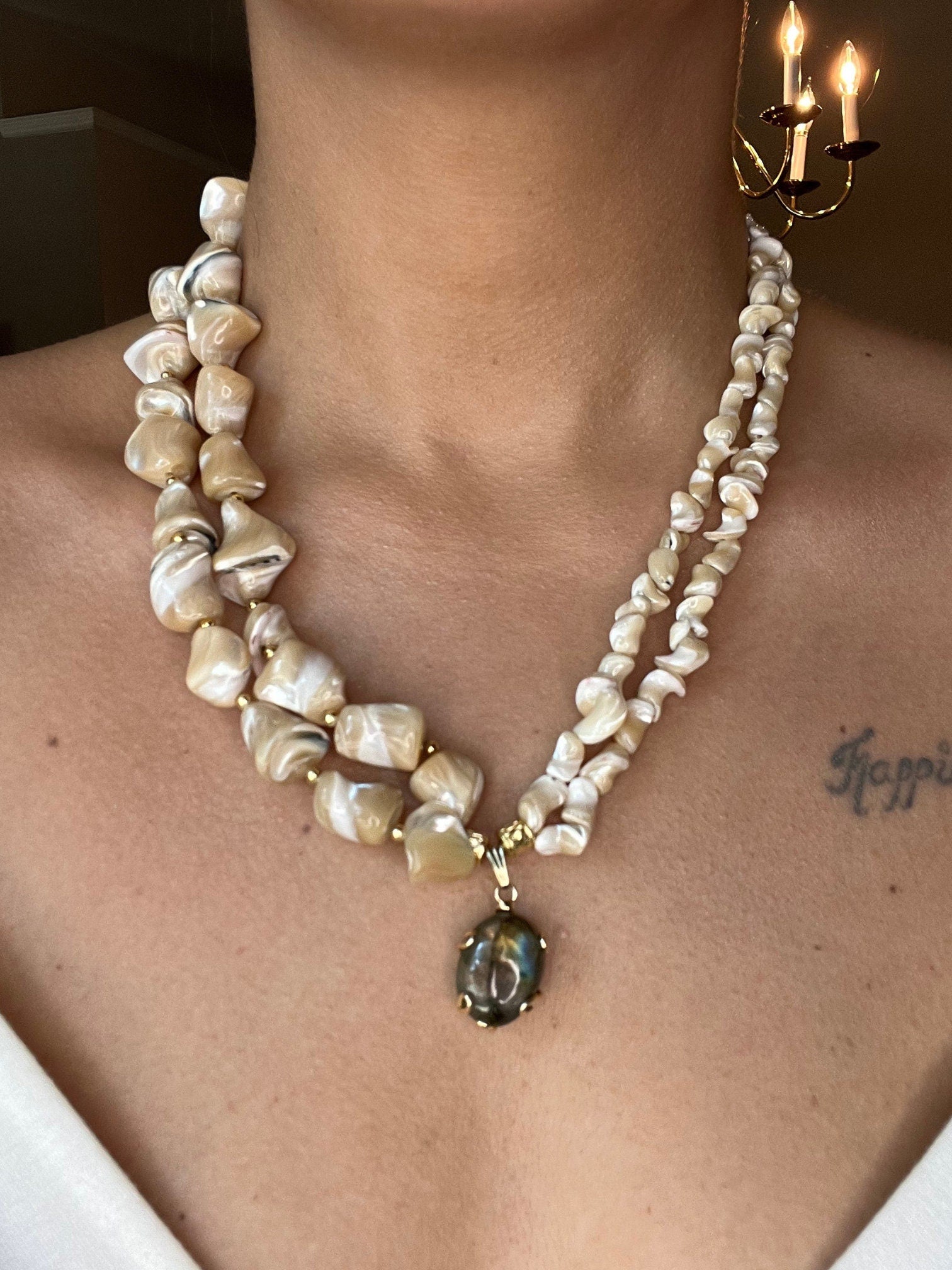 Mother Of Pearl • Unique Jewelry for Women • Handmade Multi-strand Gemstone Necklace • Labradorite Pendant • White Necklace • Christmas Gift