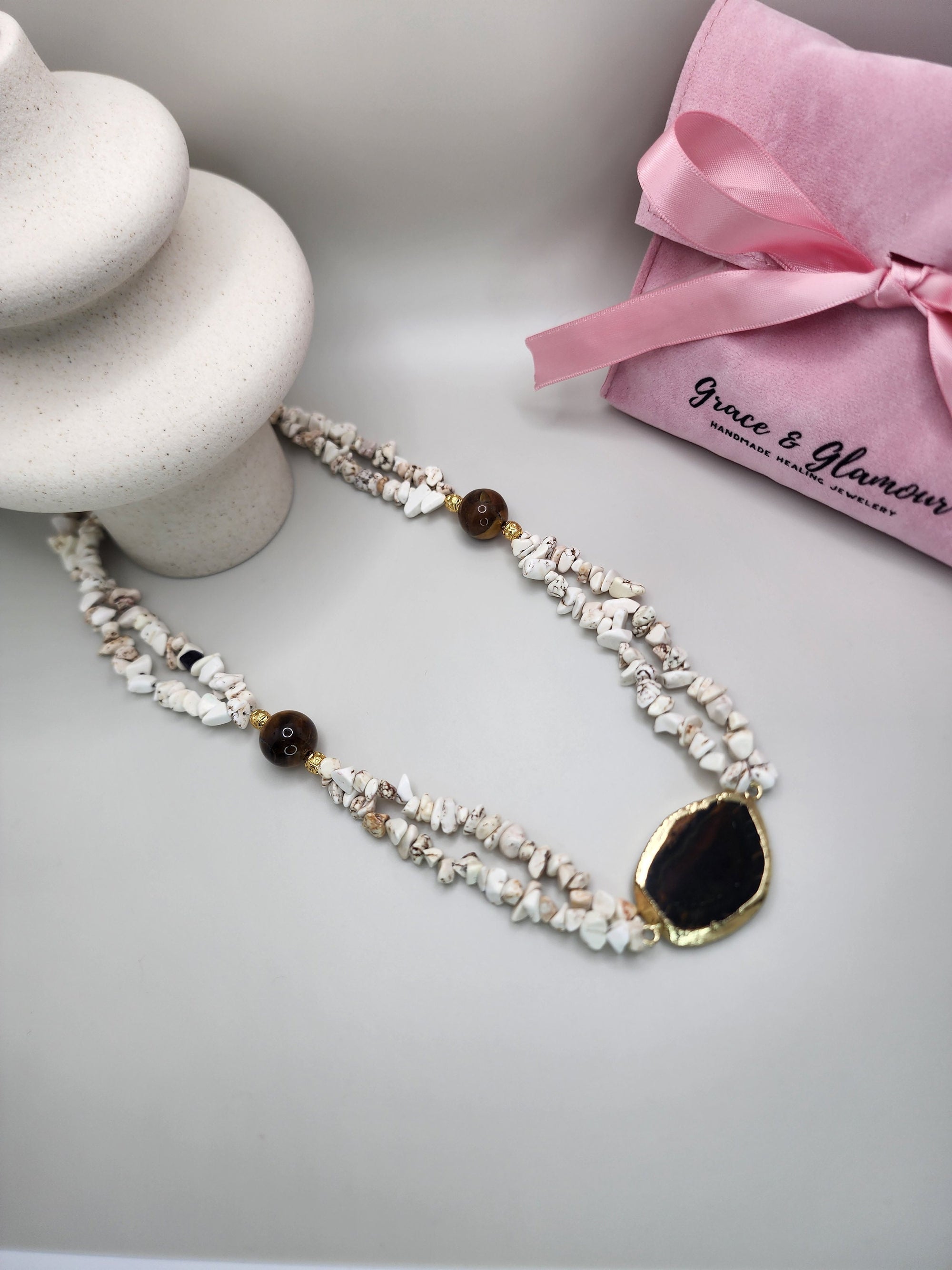 Women Jewelry , Handmade Gemstone Necklace , Multistrand Necklace , Howlite ,  Tigers Eye , Gift for Her , Christmas Gift