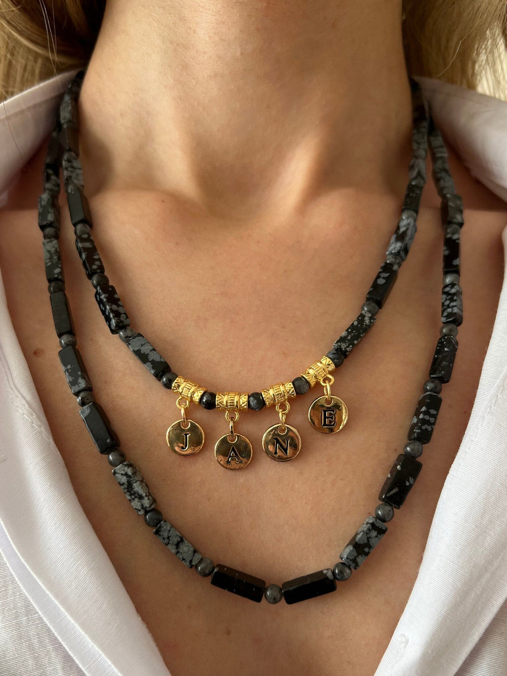 Blackrock Jewelry for Women Personalized Name Necklace Handcrafted Obsidian Multi-strand Gemstone Necklace Gift for Christmas Unique Gift