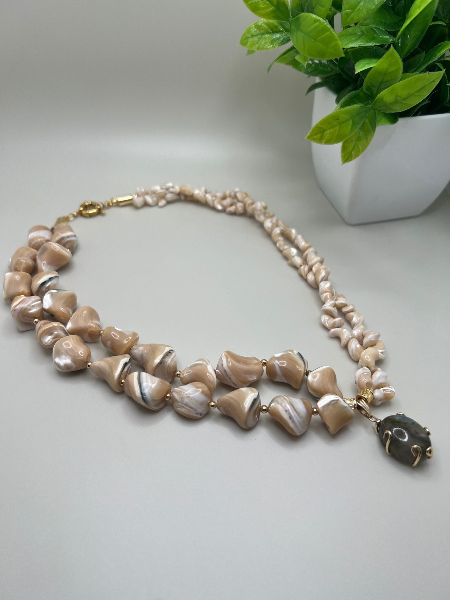 Mother Of Pearl • Unique Jewelry for Women • Handmade Multi-strand Gemstone Necklace • Labradorite Pendant • White Necklace • Christmas Gift