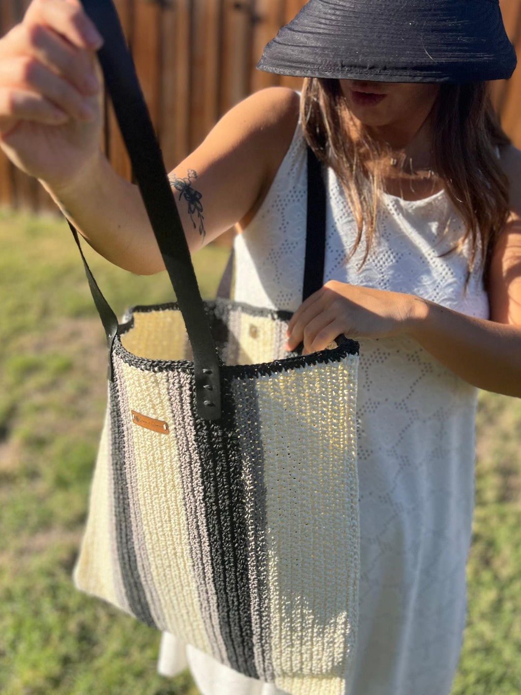Black and Cream Striped Bag,Handmade Knitted Raffia Bag, Large Tote Bag,Leather Handle Bag, Shoulder Bag,Natural Straw bag, Christmas Gift