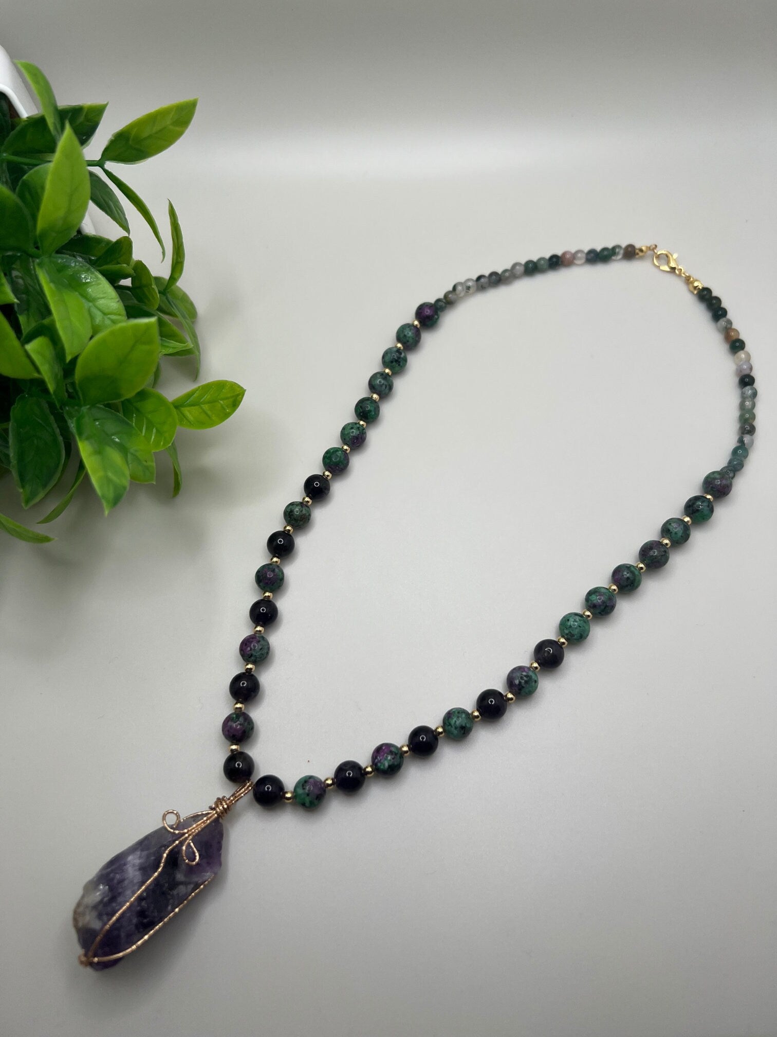 Women Jewelry . Handmade Gemstone Necklace . Amethyst Pendant . Anyolite Agate . Crystal Necklace . Unique Special Christmas Gift for Her