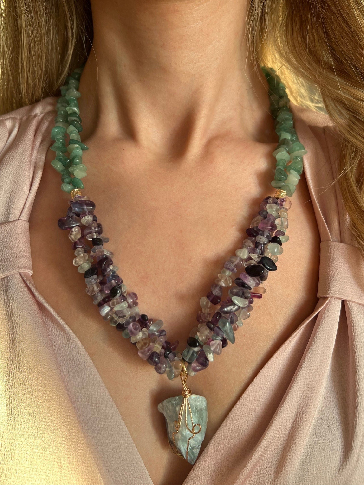 Jewelry for Women Handmade Multi-strand Necklace Fluorite Aventurine Aquamarine Special Gift Christmas Gift