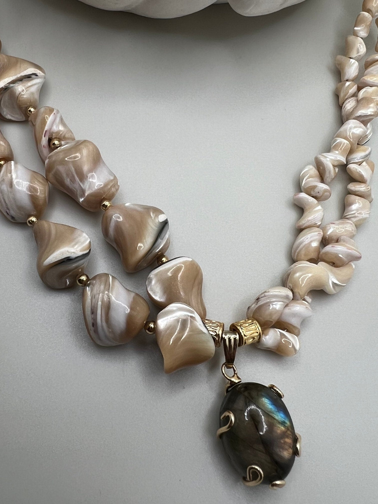 Mother Of Pearl • Unique Jewelry for Women • Handmade Multi-strand Gemstone Necklace • Labradorite Pendant • White Necklace • Christmas Gift