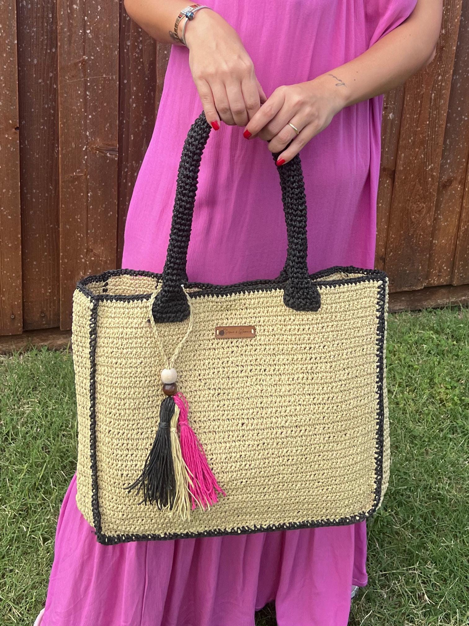 Natural Black Handmade Knitted Raffia Bag Black Straw Bag Large Tote Bag Women bag, Artisan Made handbag, Natural Straw bag, Birthday Gift