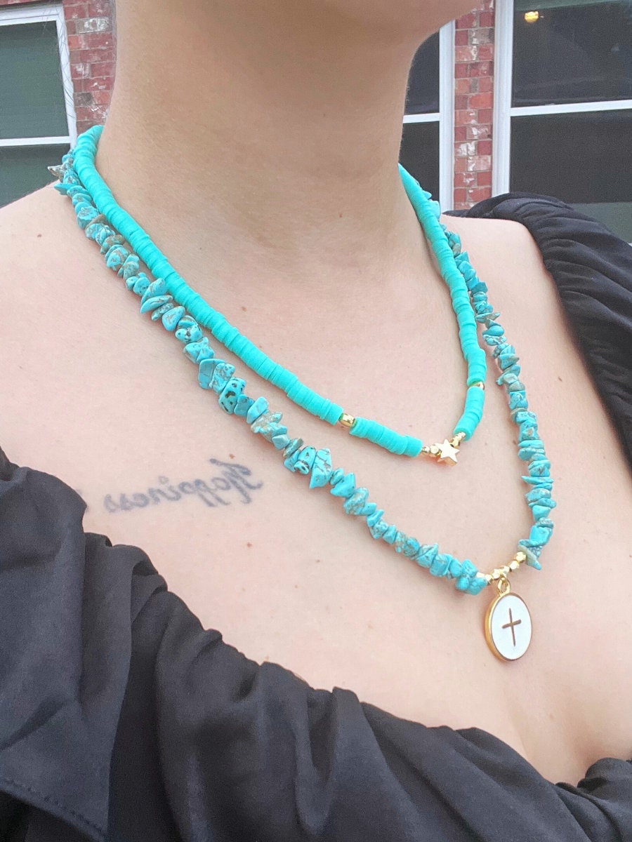 Turquoise Necklace , Women Jewelry , Multi-strand Handmade Necklace , Natural Stone , Cross Charm , Blue Necklace , Unique Christmas Gift