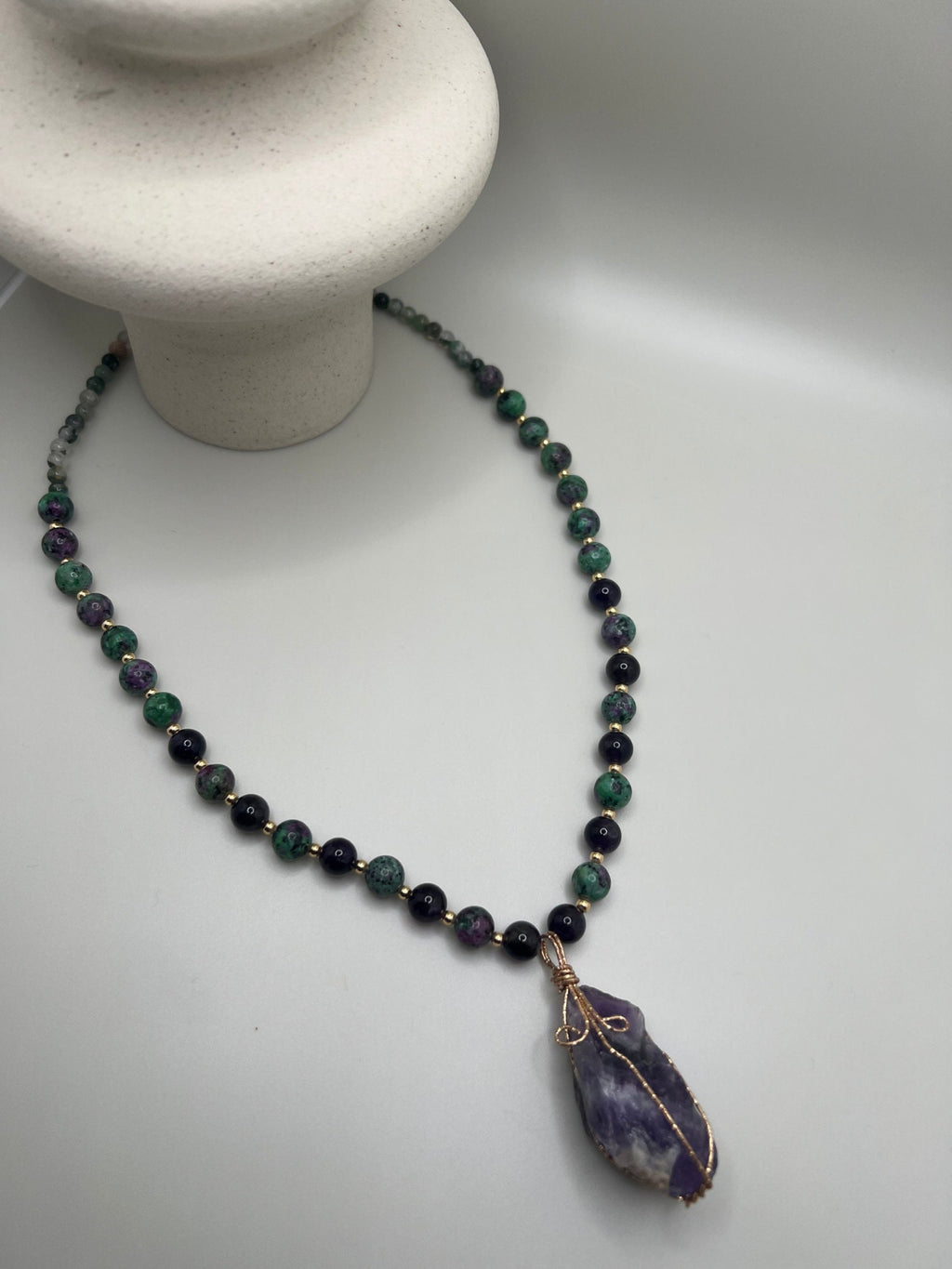 Women Jewelry . Handmade Gemstone Necklace . Amethyst Pendant . Anyolite Agate . Crystal Necklace . Unique Special Christmas Gift for Her