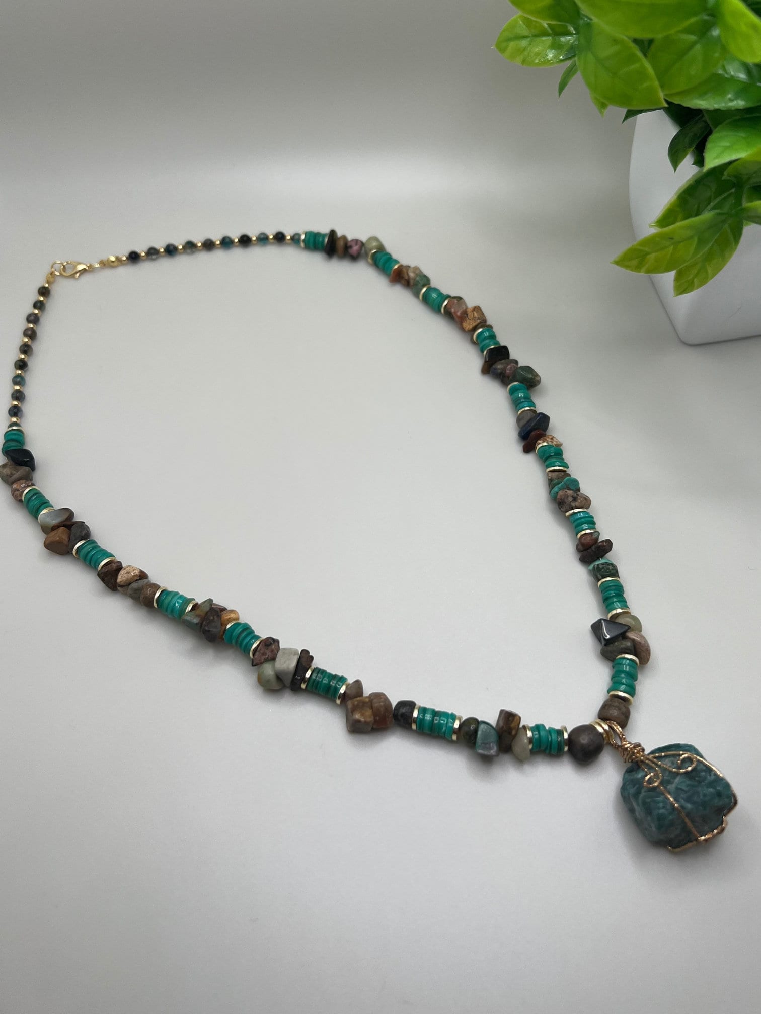 Handcrafted Gemstone Necklace • Women Jewelry • Elegant Handmade Rhodonite • Mother of Pearl • Amazonite Pendant •   Gift for Her