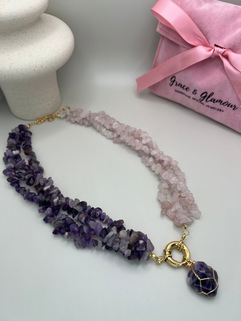 Women Jewelry , Handmade Gemstone Necklace , Amethyst and Rose Quartz Stones , Multi-strand Necklace ,Unique Birthday Gift , Christmas Gift