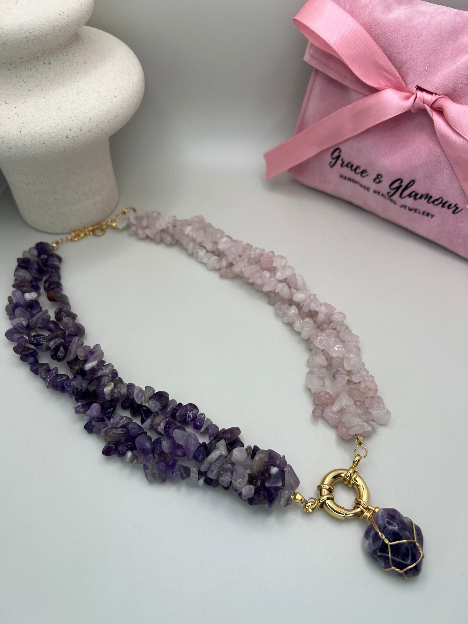 Women Jewelry , Handmade Gemstone Necklace , Amethyst and Rose Quartz Stones , Multi-strand Necklace ,Unique Birthday Gift , Christmas Gift