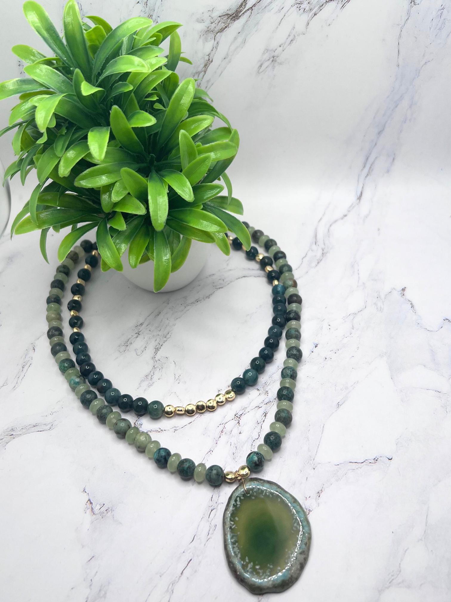 Green Aventurine Necklace with Mossy Agate & Jade – Unique Gemstone Pendant, Handmade Women Necklace,Multi-strand Necklace,Christmas Gift