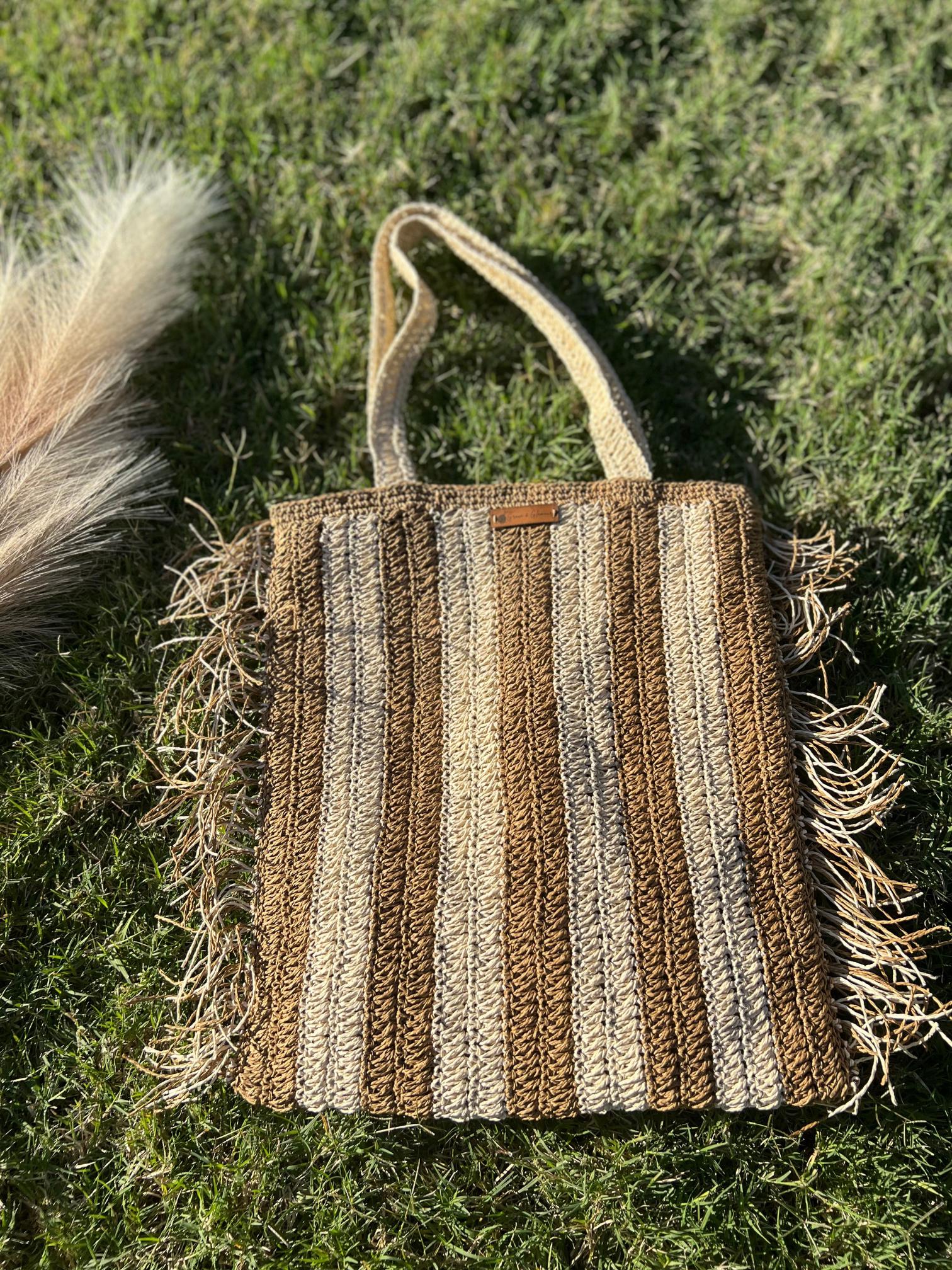 Brown and Cream Handmade Knitted Raffia Bag with inter-lining , Large Tote Bag , Women bag,Shoulder Bag, Natural Straw bag, Christmas Gift