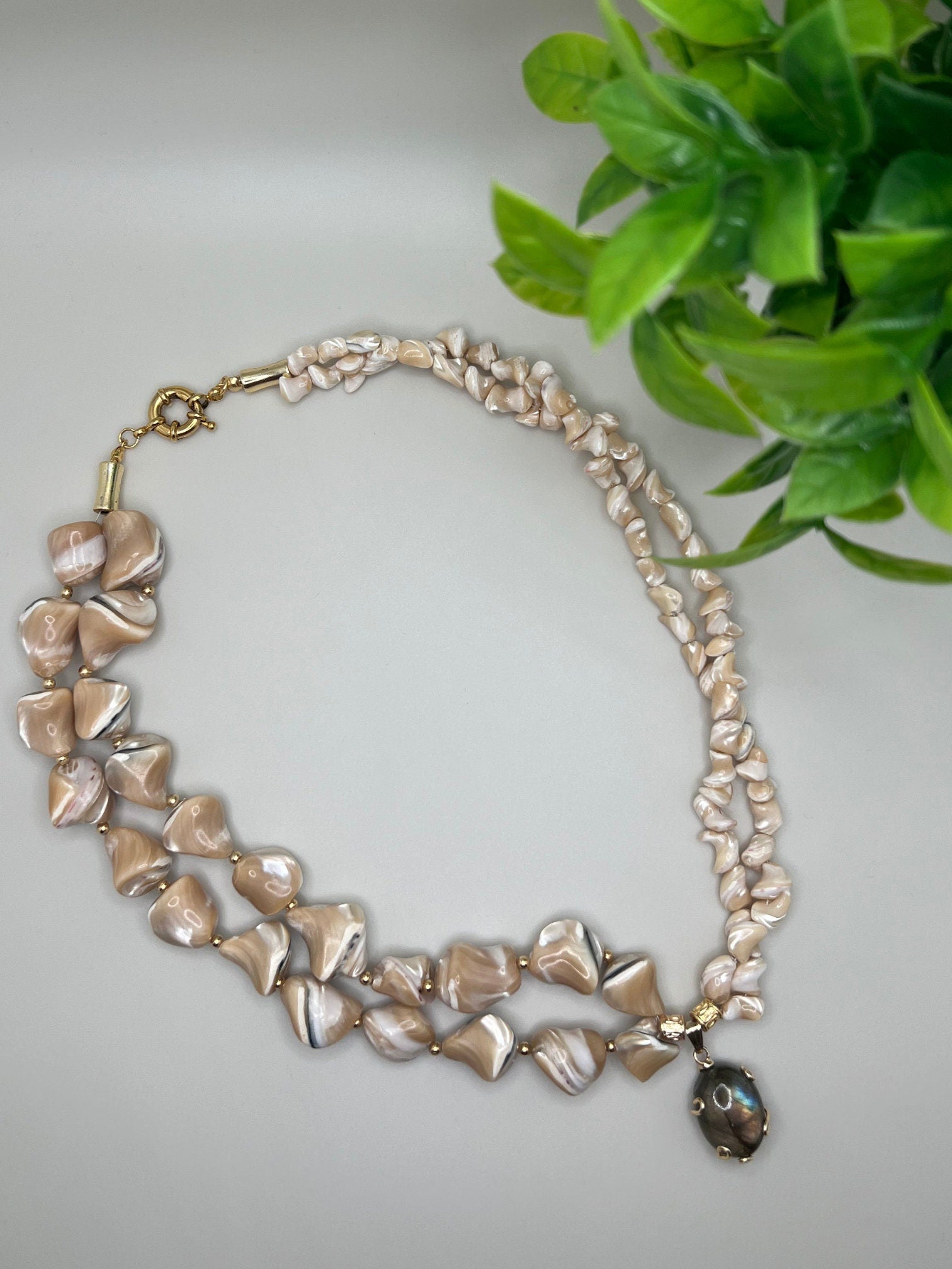 Mother Of Pearl • Unique Jewelry for Women • Handmade Multi-strand Gemstone Necklace • Labradorite Pendant • White Necklace • Christmas Gift